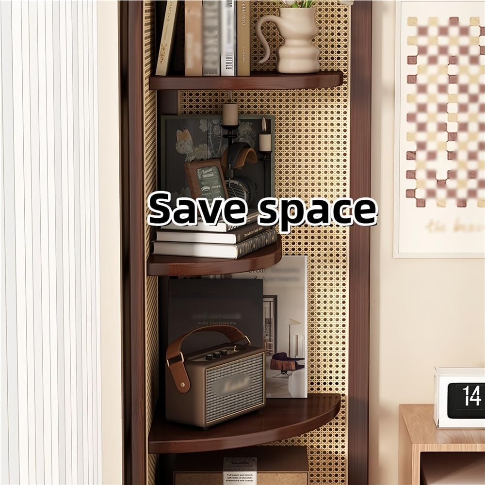 4 Tier Corner Shelf, Rattan Display Shelves with Solid Wood Frame, Bookshelf Stand for Living Room, Bedroom, or Office(Brown)