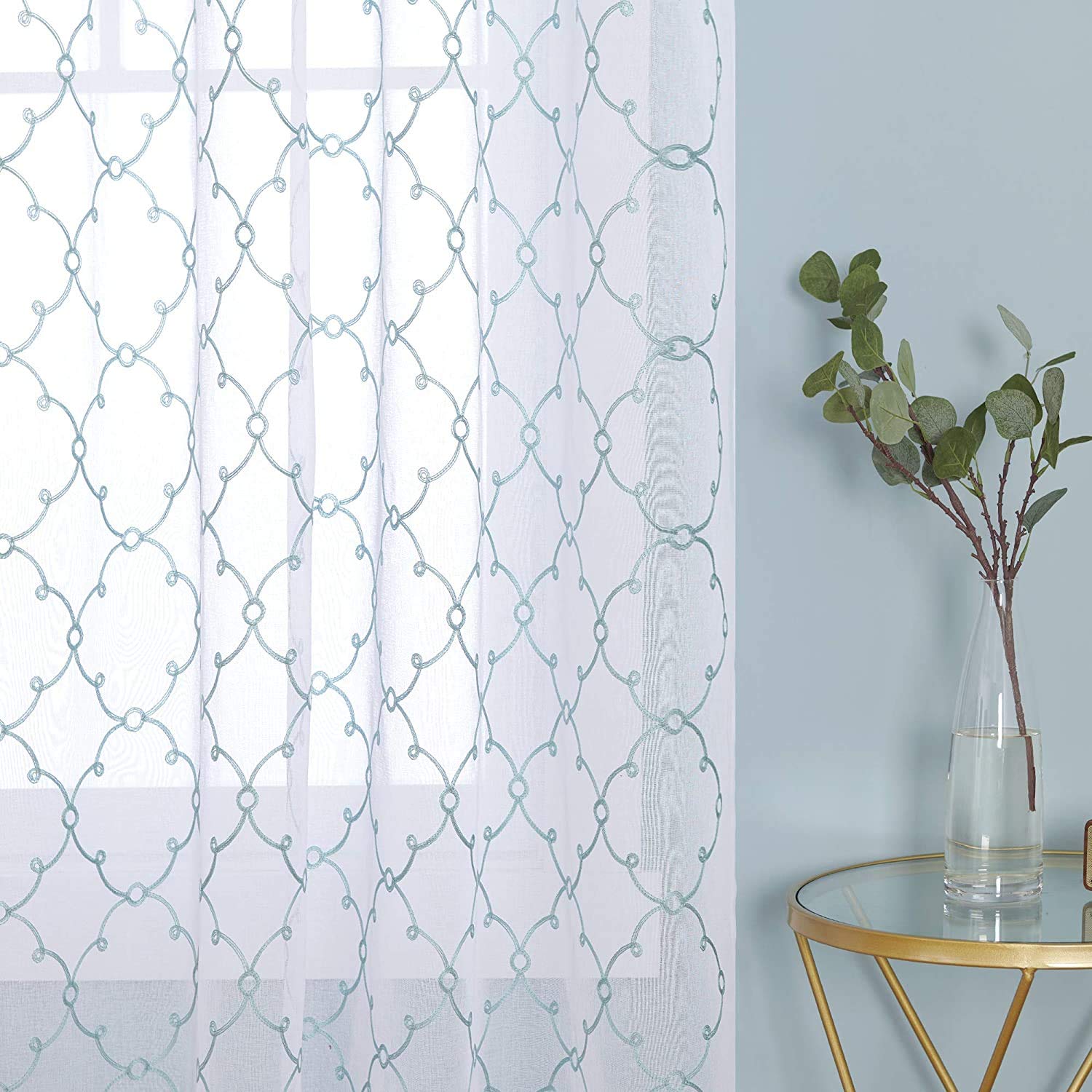 Deconovo Top Ring Diamond Embroidery Net Curtains Semi Transparent Curtains Faux Linen Sheer Curtains for Living Room 55 x94 Drop Inch Blue 2 Panels