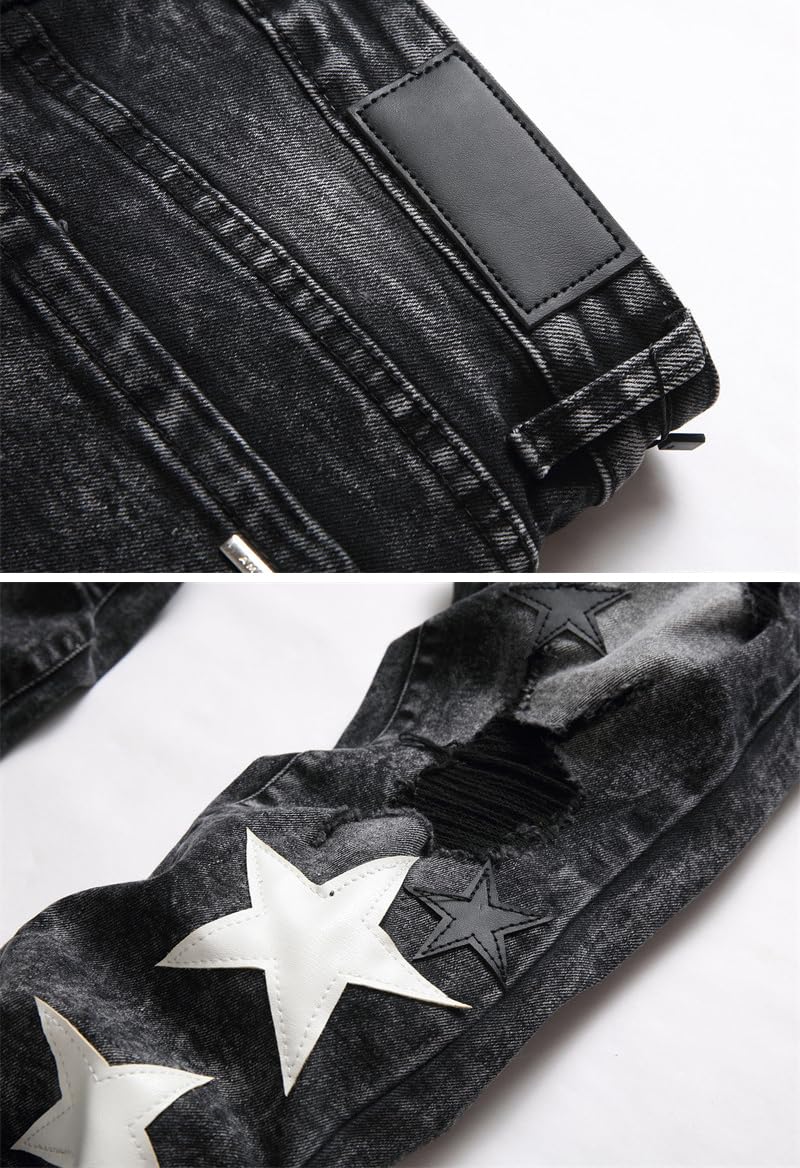 Jeans Uomo Slim Fit Strappati - Pantaloni in Denim Stretch con Motivo a Stella, Jeans Skinny Moda Streetwear Y2K, Fit Slim e Design Versatile per Look Trendy