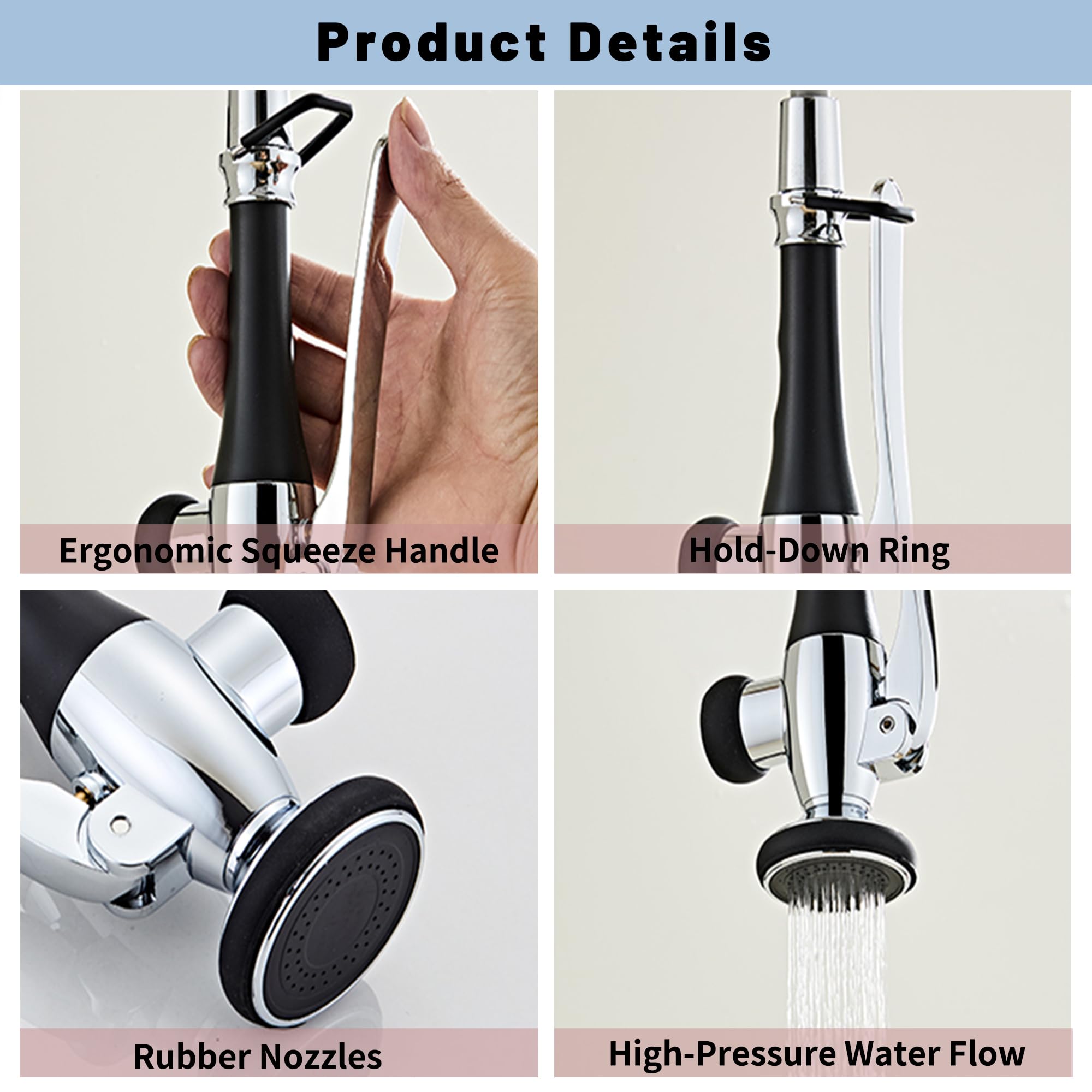 Cabezal de repuesto para grifo de cocina, cabezal rociador de fregadero de cocina con mango ergonómico, pulverizador de grifo comercial de alta presión para uso doméstico y utilitario (cromado)