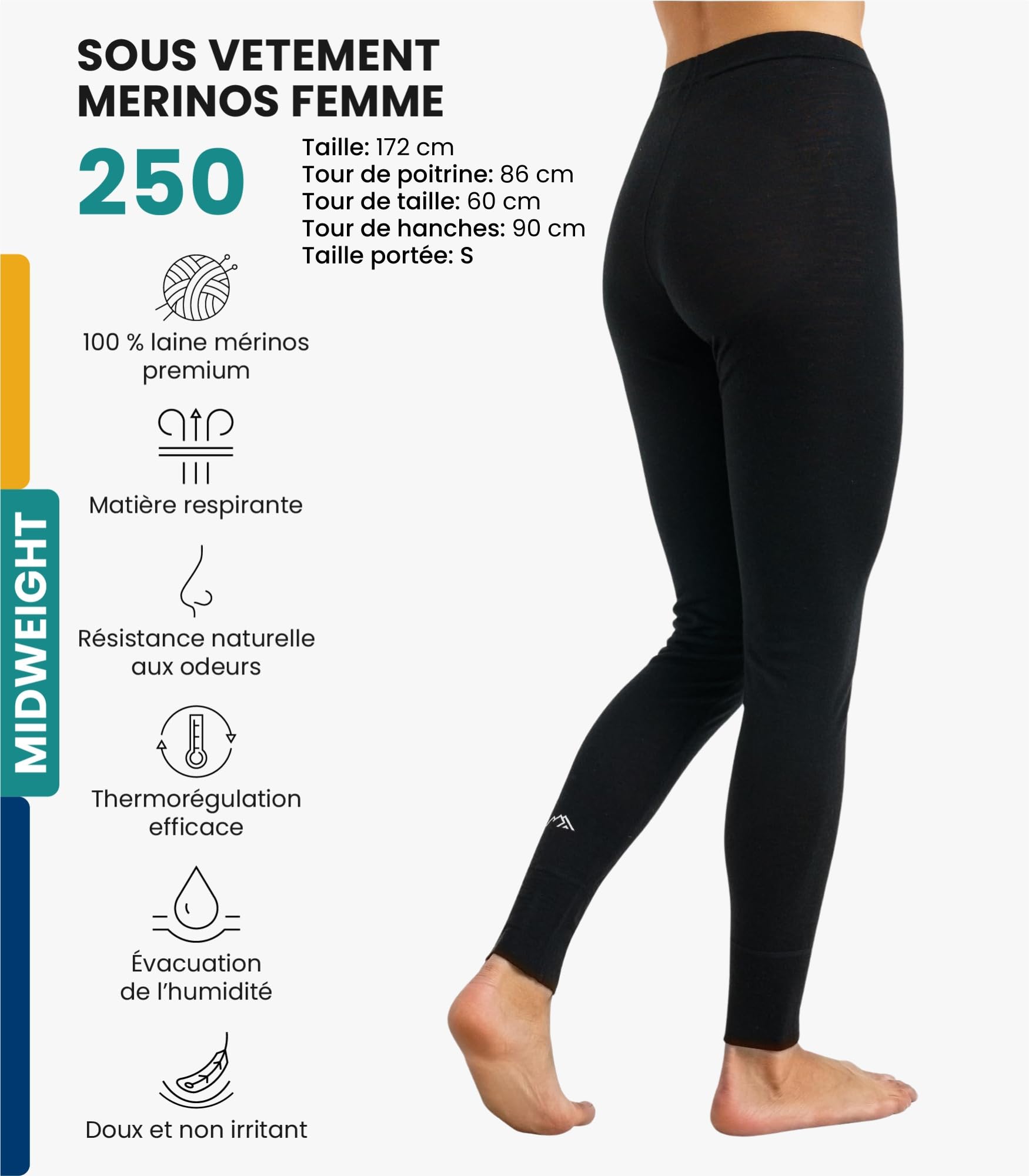 Merino.tech Laine Merinos Pantalon Femme - Leggings Thermique Femme 100% Merino Wool Lourd, Moyen, Léger avec Chaussettes