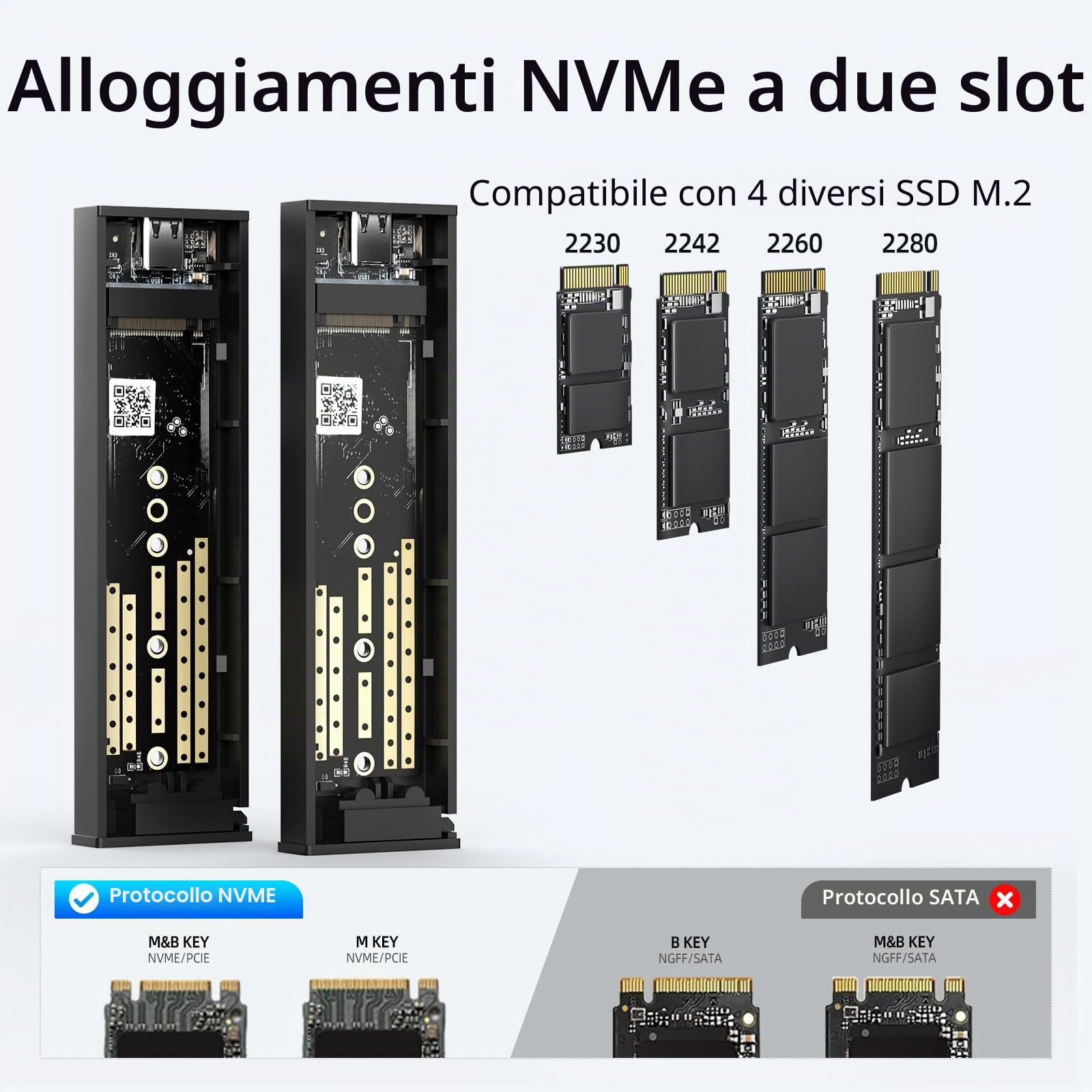 Custodia doppia NVMe, custodia SSD M.2 NVMe in alluminio da 10 Gbps | compatibile con SSD M.2 NVMe M-Key/B+M Key 2280/2260/2242/2230. Supporta UASP Trim, supporta fino a 2 SSD da 4 TB