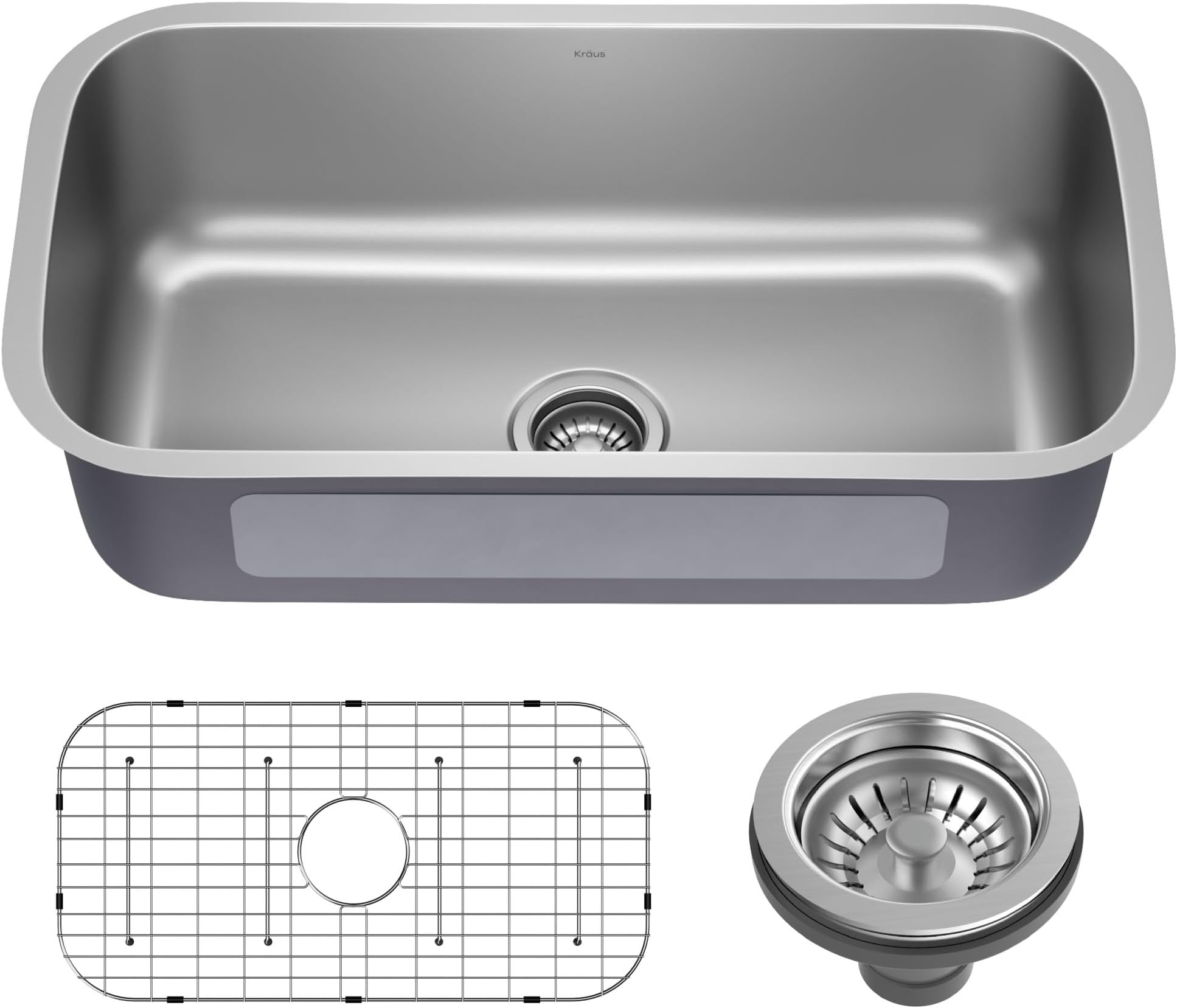 KRAUS Premier 32 3/8 inch Undermount Single Bowl 18-Gauge Stainless Steel Kitchen Sink with Bottom Grid and Strainer, KBU44