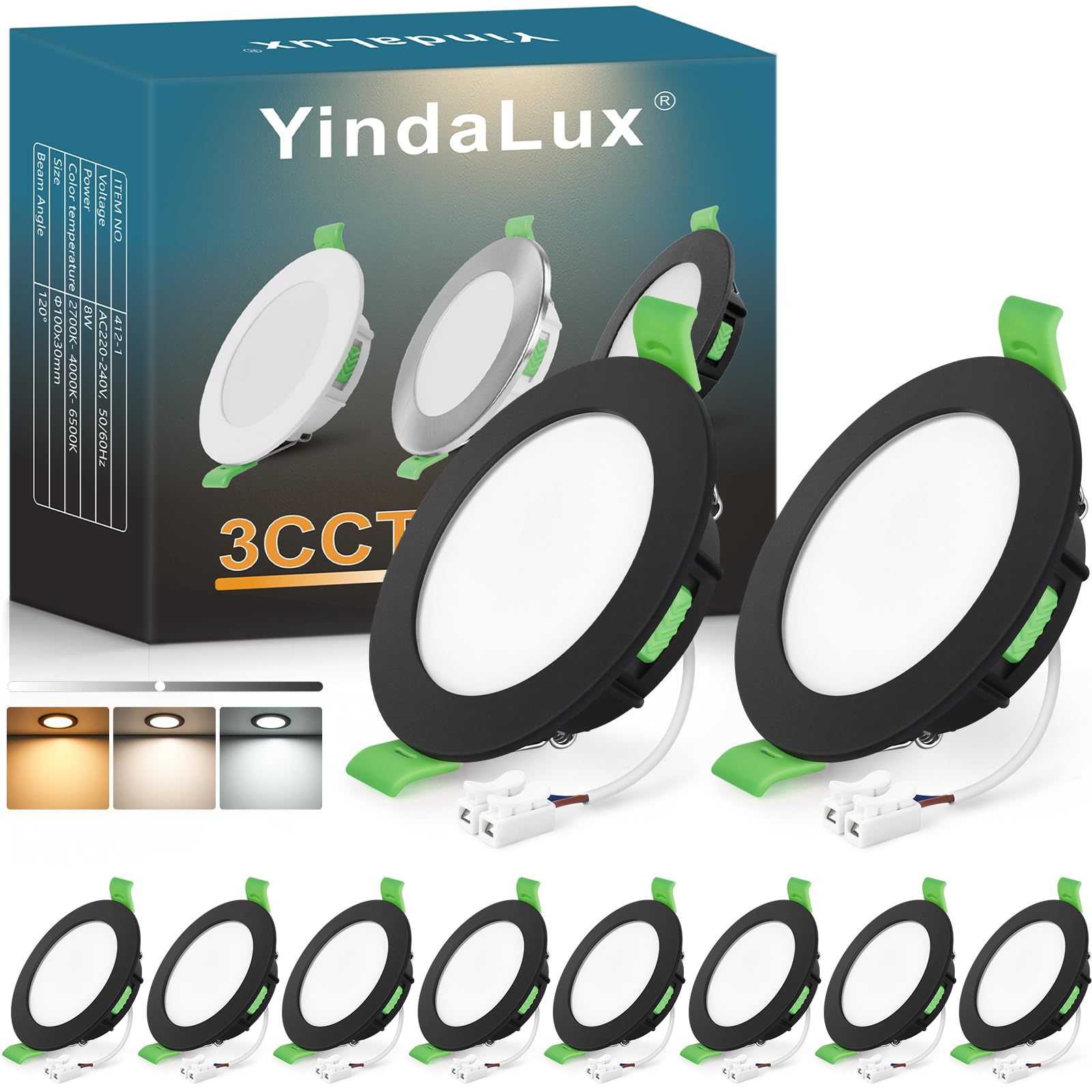 YindaLux Recessed LED Spotlight 230V Dimmable 8W 800LM – Black Ceiling Spot, 75-90mm Hole Size, IP44 Bathroom Recessed Lighting – Warm 2700K | Neutral 4000K | Cool 6500K (10-Piece Set)