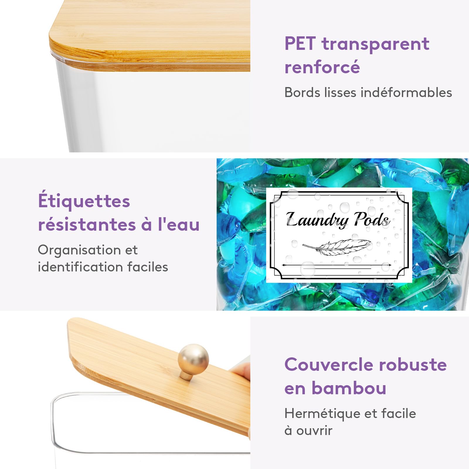 Lifewit 2700 ml Rangement Lessive en Capsules avec étiquettes et Cuillères, Récipient pour Poudre à Lessive avec Couvercle en Bambou, Boite Lessives, Rangement Buanderie Organisation, Naturel,Lot de 3
