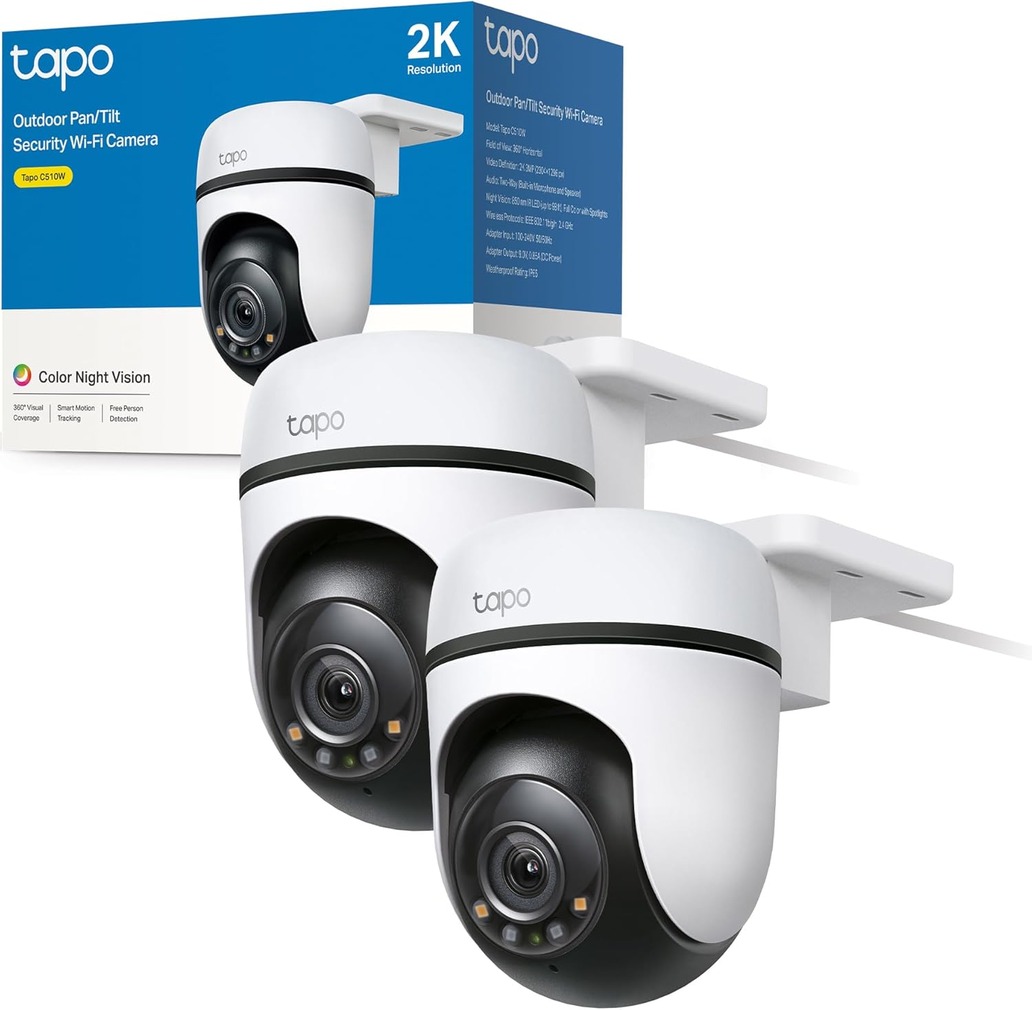 Tapo C510W(2-pack) Telecamera WiFi Esterno 2K 3MP, Visione a 360°, Visione Notturna a Colori, Telecamera di Sorveglianza IP, Sensore di Movimento, Impermeabile IP65, Audio bBidirezionale, Al