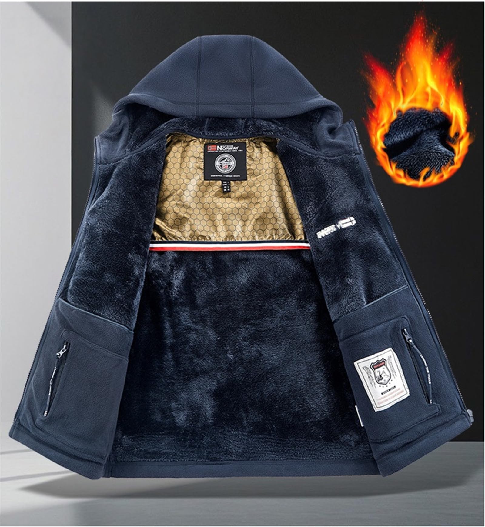 Chaqueta con capucha de forro polar de doble capa, unisex, ultra cálida, chaqueta de sherpa con cremallera completa para hombre, chaqueta táctica con bolsillos