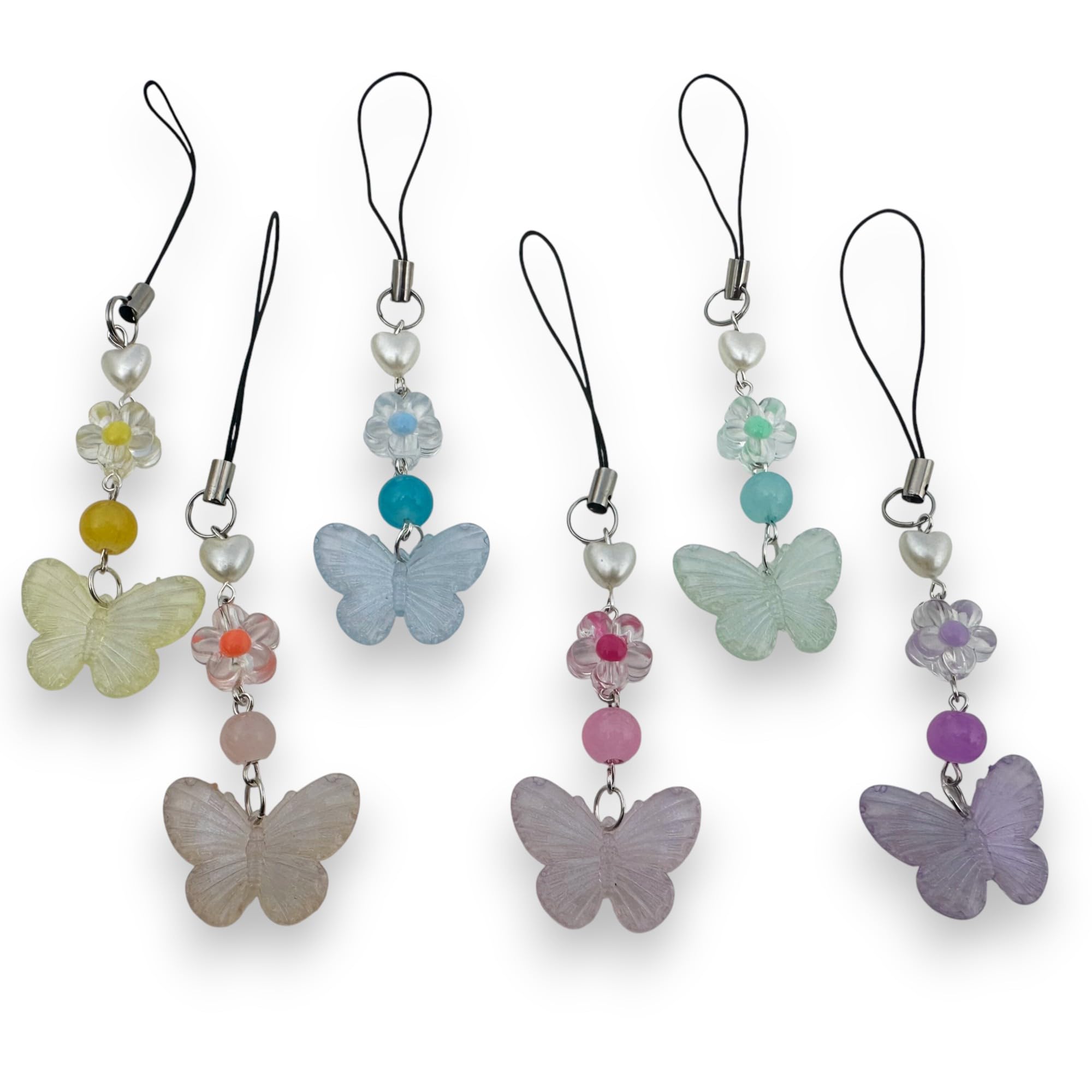 butterfly phone charm for girls – combo of 6 | cute beaded butterfly mobile charm strap | aesthetic phone hanging charms for smartphone, iphone & android | trendy bag & keychain accessories