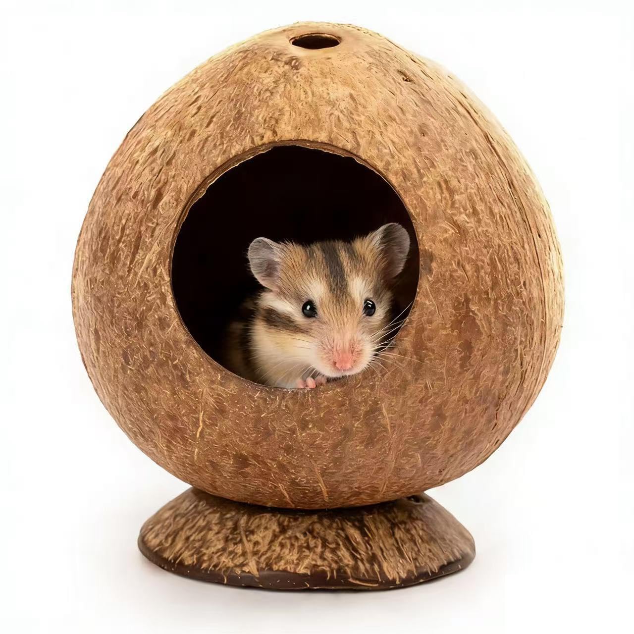 Hamster Hideout, Wooden House Coconut Hut Hamster House Bed for Gerbils, Chipmunks, Reptiles Small Animals Cage Habitat Decor