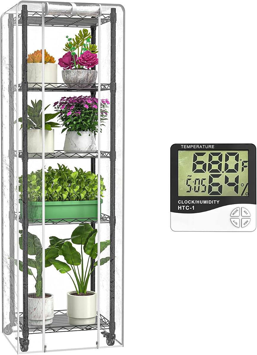 Mini invernadero de 5 niveles para interior, 15.7 pulgadas de largo x 11.8 pulgadas de ancho x 62.3 pulgadas de alto | Invernadero portátil con ruedas, cubierta de PVC transparente y estante de metal, para cultivar flores y plántulas