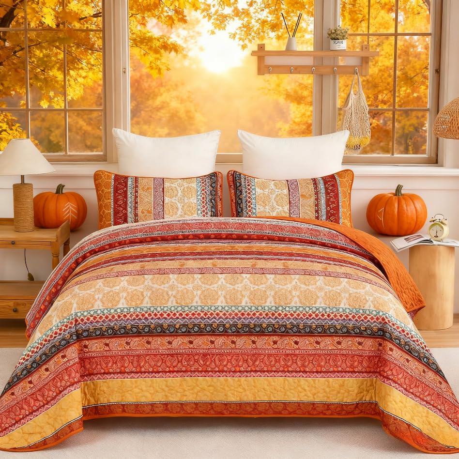 WONGS BEDDING Boho Stripe Quilt Set Queen Size, 3 Pieces Orange Bohemian Quilt Sets, Lightweight Soft Microfiber Bedspread Coverlet Bedding Set for All Season (96"x90")