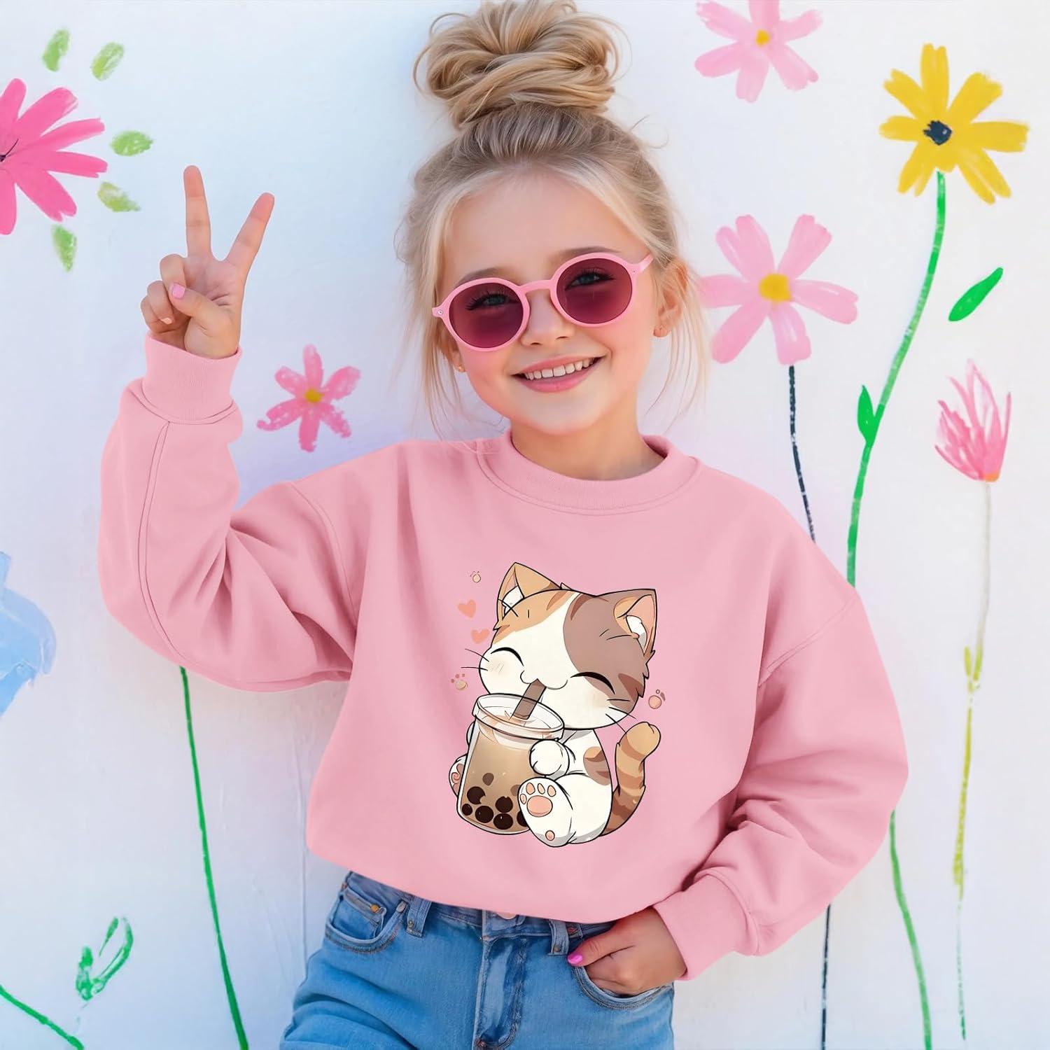 KEEVICI Cute Cat Sweatshirt For Girls Kawaii Graphic Hoodie Kids Cartoon Animal Print Pullover Cotton Long Sleeve Shirts Tops - Image 3