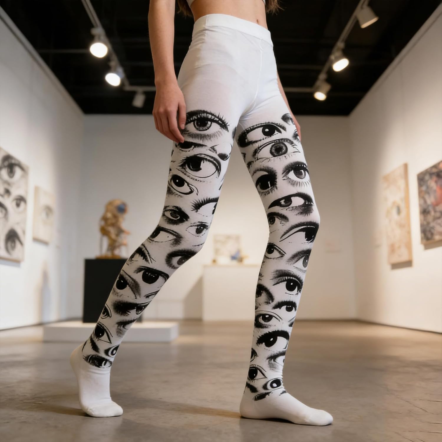Opaque White Tights Stockings Japanese Aesthetic Whimsical Punk Eyes Print Pantyhose Leggings for Women Girls Fashion Legwear
