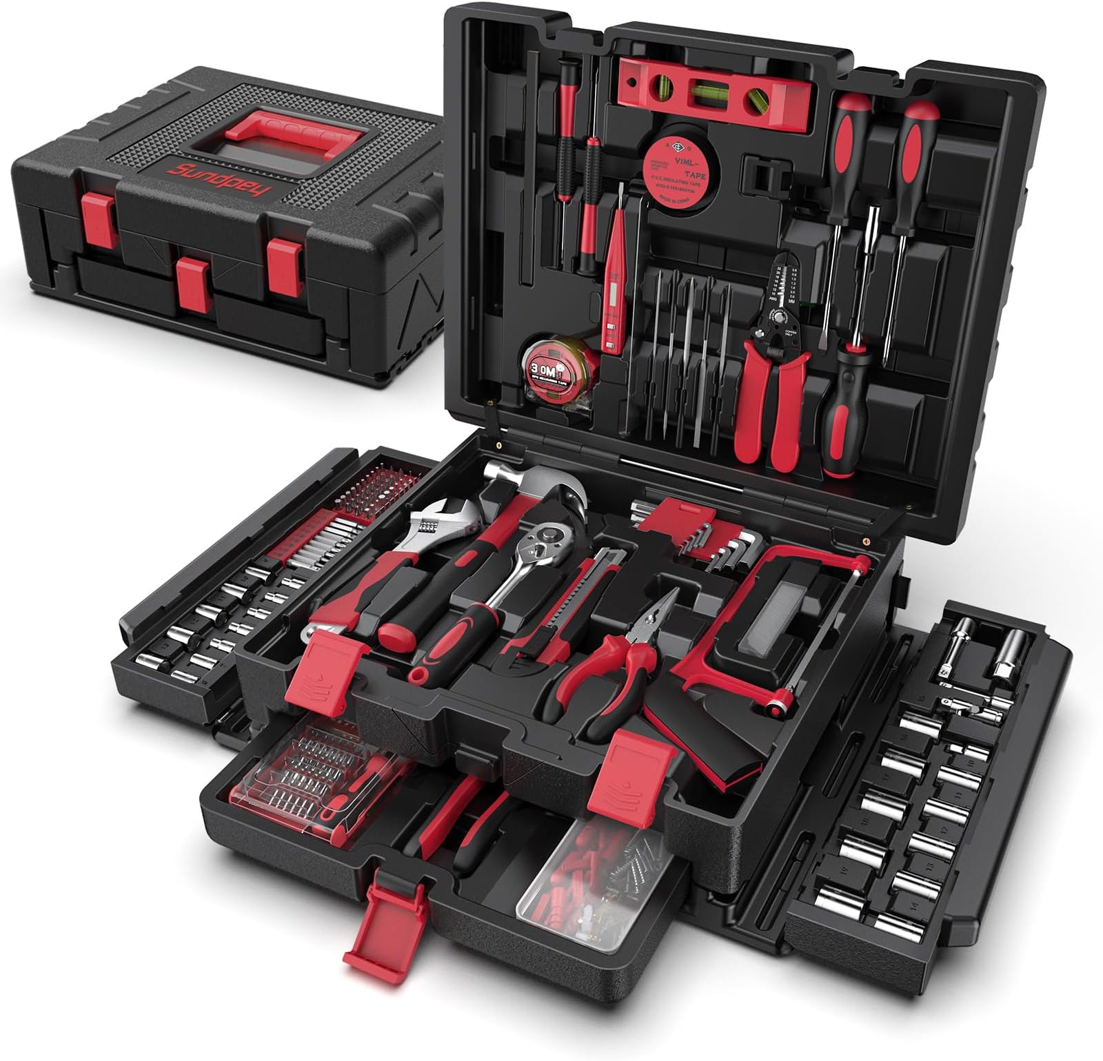 Sundpey Home Tool Kit with Drawer - 379-PCs Portable Complete Household and Auto Repair Tool Set - Hand General Basic Tool Box Storage Case - Full Basic Toolkit for Handyman & Diyer & Homeowner Red