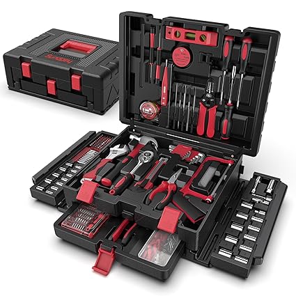 Sundpey 379-PCs Home Tool Kit - Protable Complete Household and Auto Repair Tool Set - Hand General Basic Tool Box Storage Case with Drawer - Full Basic Toolkit for Handyman & Diyer & Homeowner Red