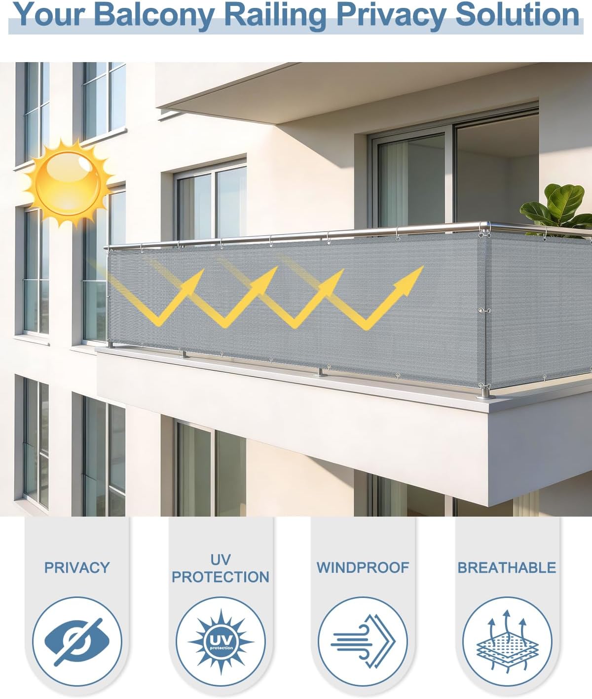 Cool Area 3'x16' Grey Balcony Privacy Screen Fence Cover HDPE Mesh Fabric with Grommets UV Protection Weather-Resistant Wind Screen for Outdoor, Backyard, Deck, Porch, Patio, Apartment Railing