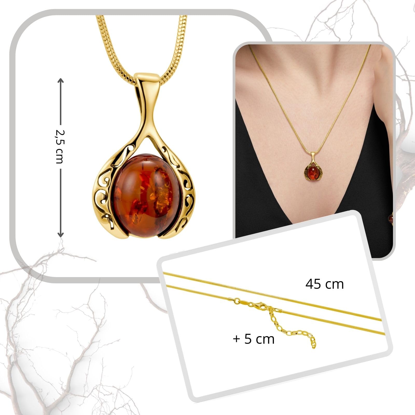 Collana Da Donna Con Pendente Ambra Color Miele E Argento Placcato Oro