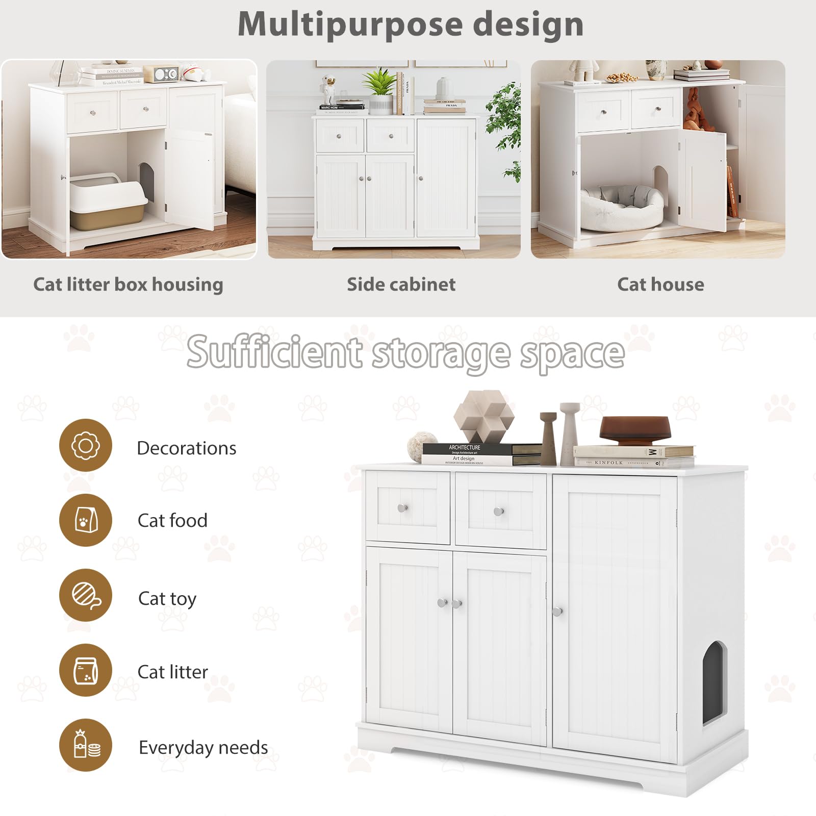 SOARS Maison de Toilette Chat, Mobile per Lettiera per Gatti con 2 Cassetti, 3 Ante e Ingresso Laterale e Dispositivo Anti-Rovesciamento, per Interni, 100 X 45 X 80 CM, Bianco