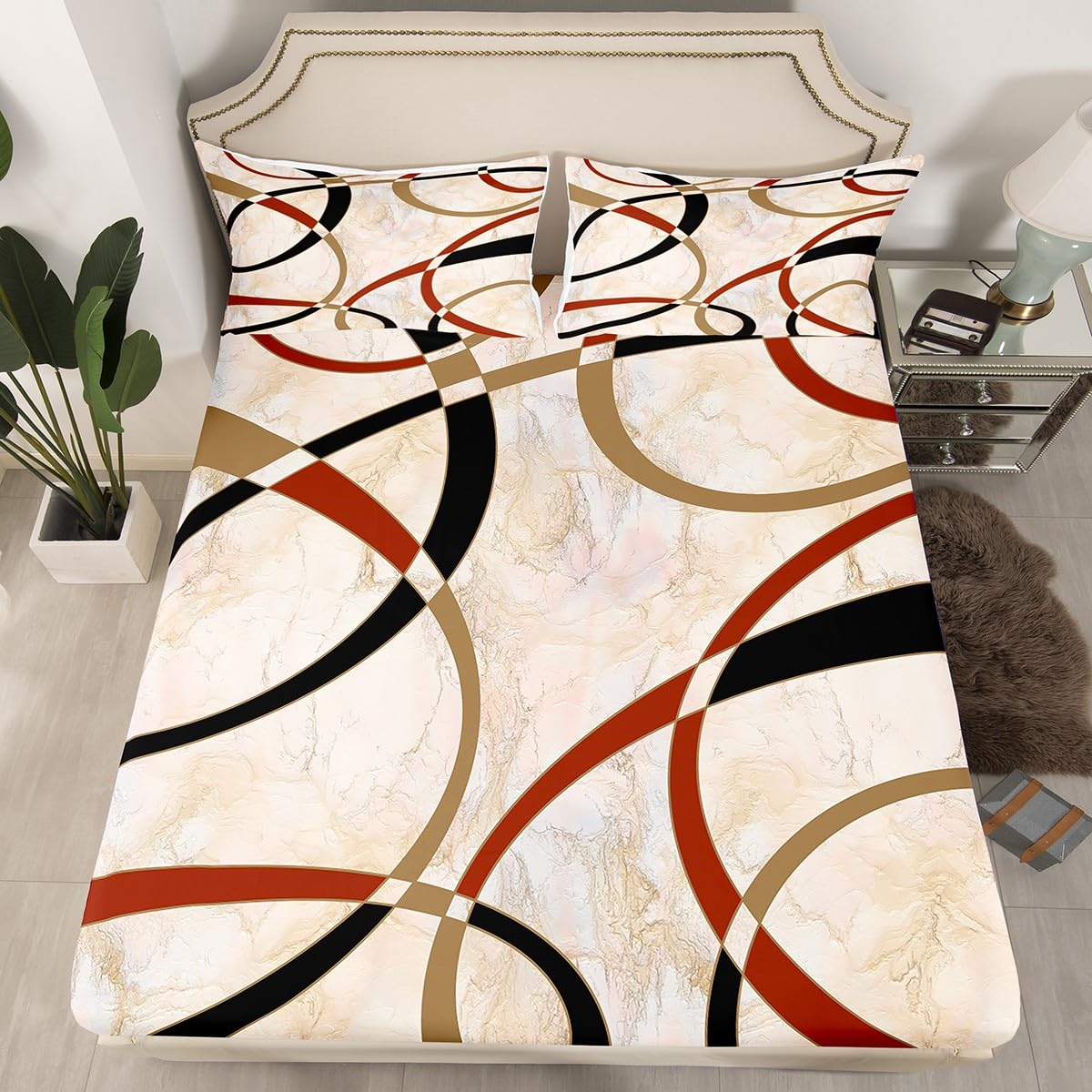 Juego de sábanas de arte abstracto de mármol marrón, juego de sábanas geométricas circulares geométricas con bolsillo profundo, juego de cama moderno de microfibra tamaño King