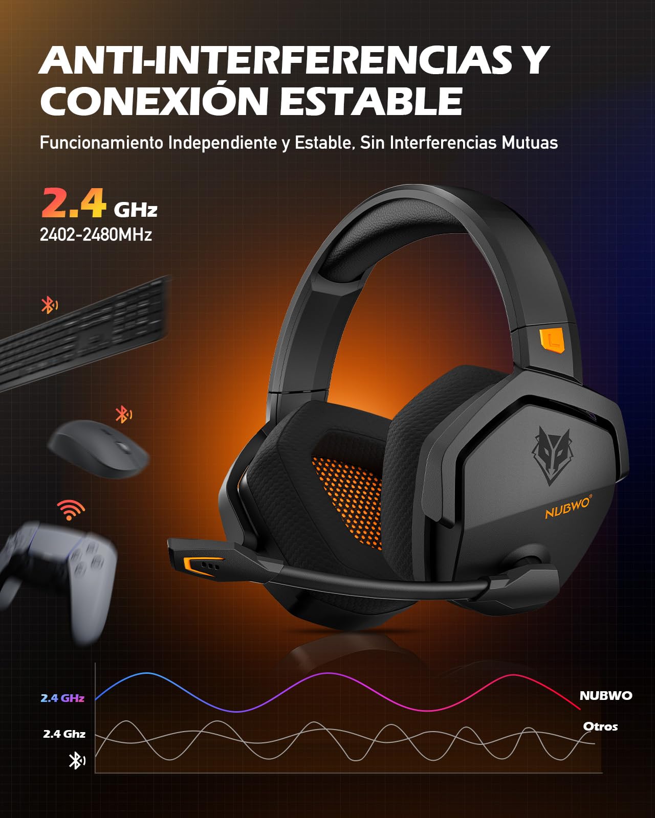 NUBWO G06 Cascos Gaming Inalámbricos con Drivers de 50 mm para PC/Ps5/Ps4/NS/Mobile,Auriculares Gaming Inalámbricos con 2.4 GHz+Bluetooth 5.3 Modo Dual,7.1 Sonido Envolvente,Duración 100Hr+ - Naranja