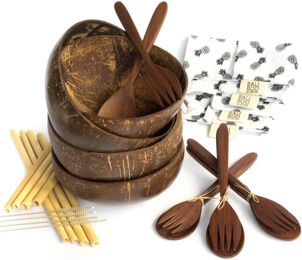 Coconut Bowl Set of 4 by Bali Boo - BONUS Cutlery Set for 4 & 8 Bamboo Straws - Zero Waste Handmade Serving Bowls - Breakfast Smoothie - Eco Friendly Sustainable - Toddler and Vegan Gifts from Bali