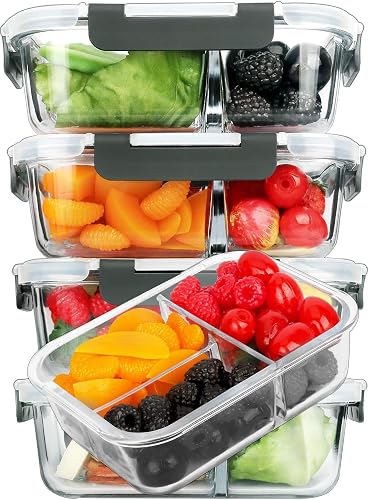 [5-Pack, 1 Liter] Glass Meal Prep Containers 3 Compartment with Lids, Glass Lunch Containers,Food Prep Lunch Box,Bento Box,Microwave, Oven, Freezer, Dishwasher (4.5 Cups)