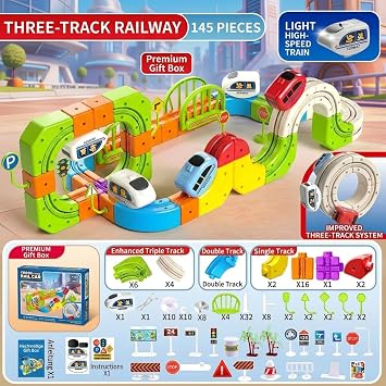 Electric Train Set for Kids, 3D Anti-Gravity Track, 145 Pieces