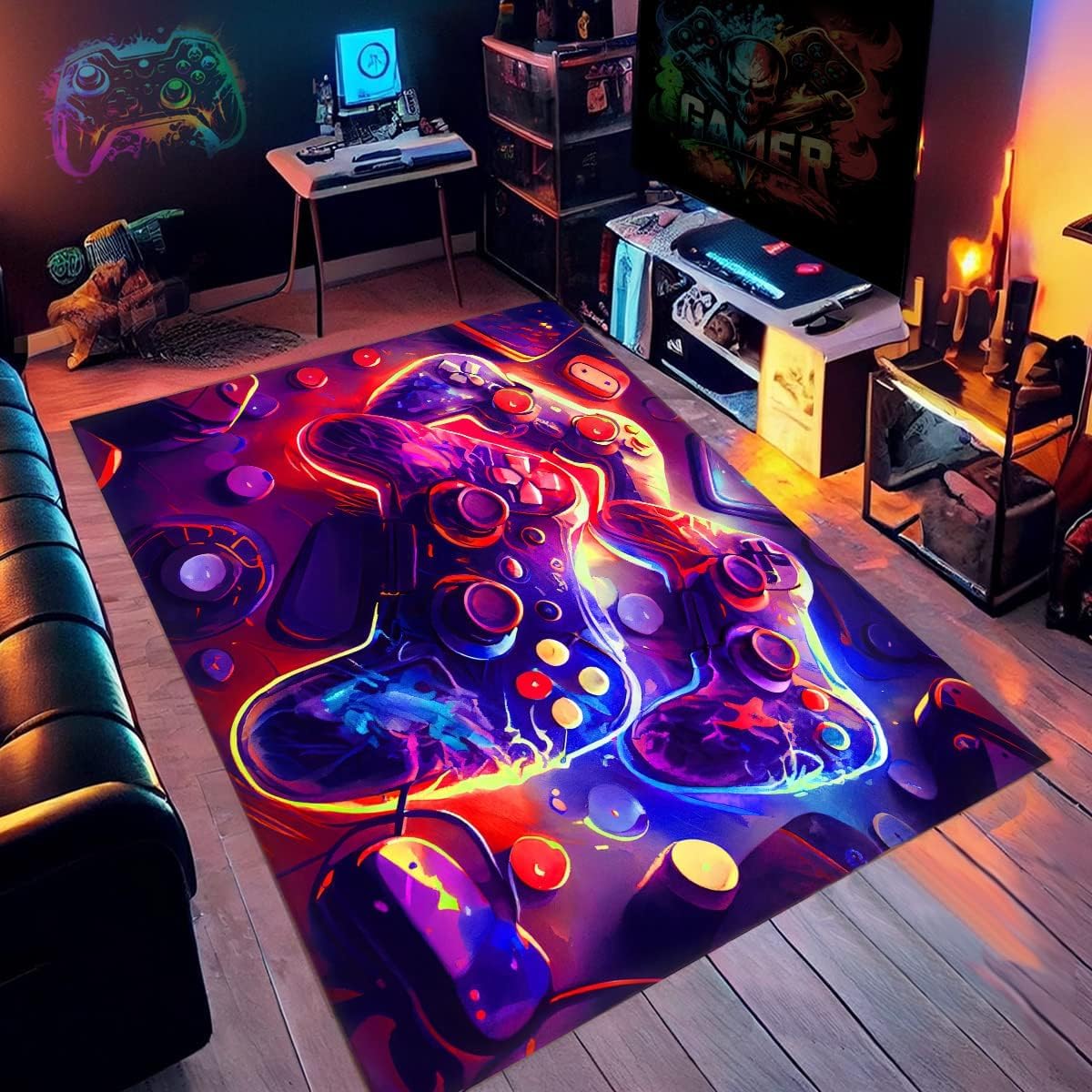 Tapis Chambre Ado 3D Gamer Tapis Sol Gaming Deco Chambre Garcon Enfant Tapis De Salon Moderne Antidérapant Néon Cool Tech Graffiti Console De Jeu Flanelle Doux Carpet (Blue,140x200cm)