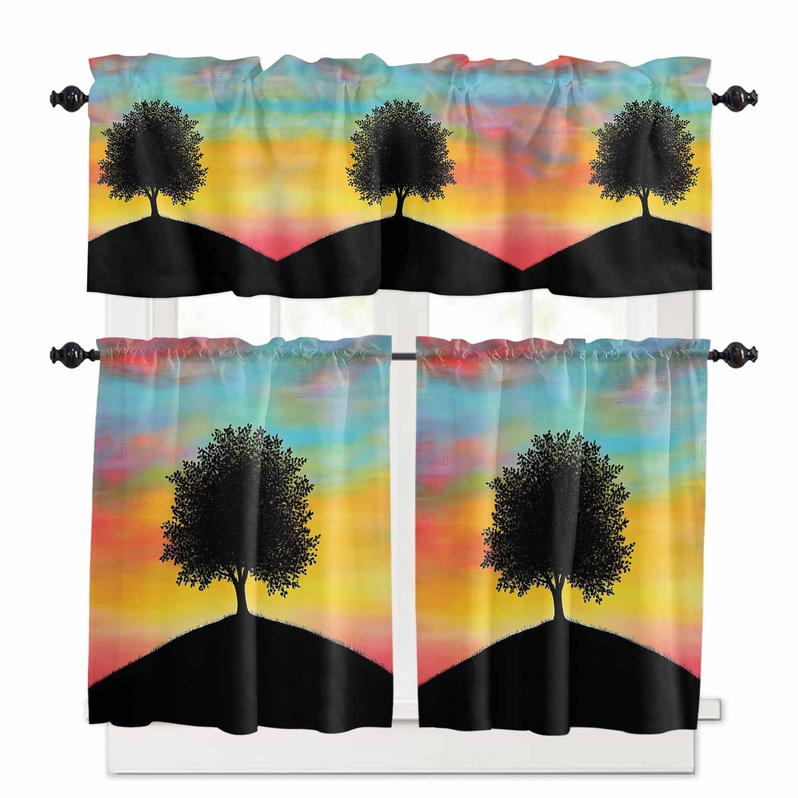 Mountain Tree Silhouette Kitchen Curtains 36 Inch Length, 3 Piece Rod Pocket Small Half Tiers and Valance Set, Orange Blue Sky Watercolor Small Large Window Treatment Decor for Bedroom/Bathroom Sink