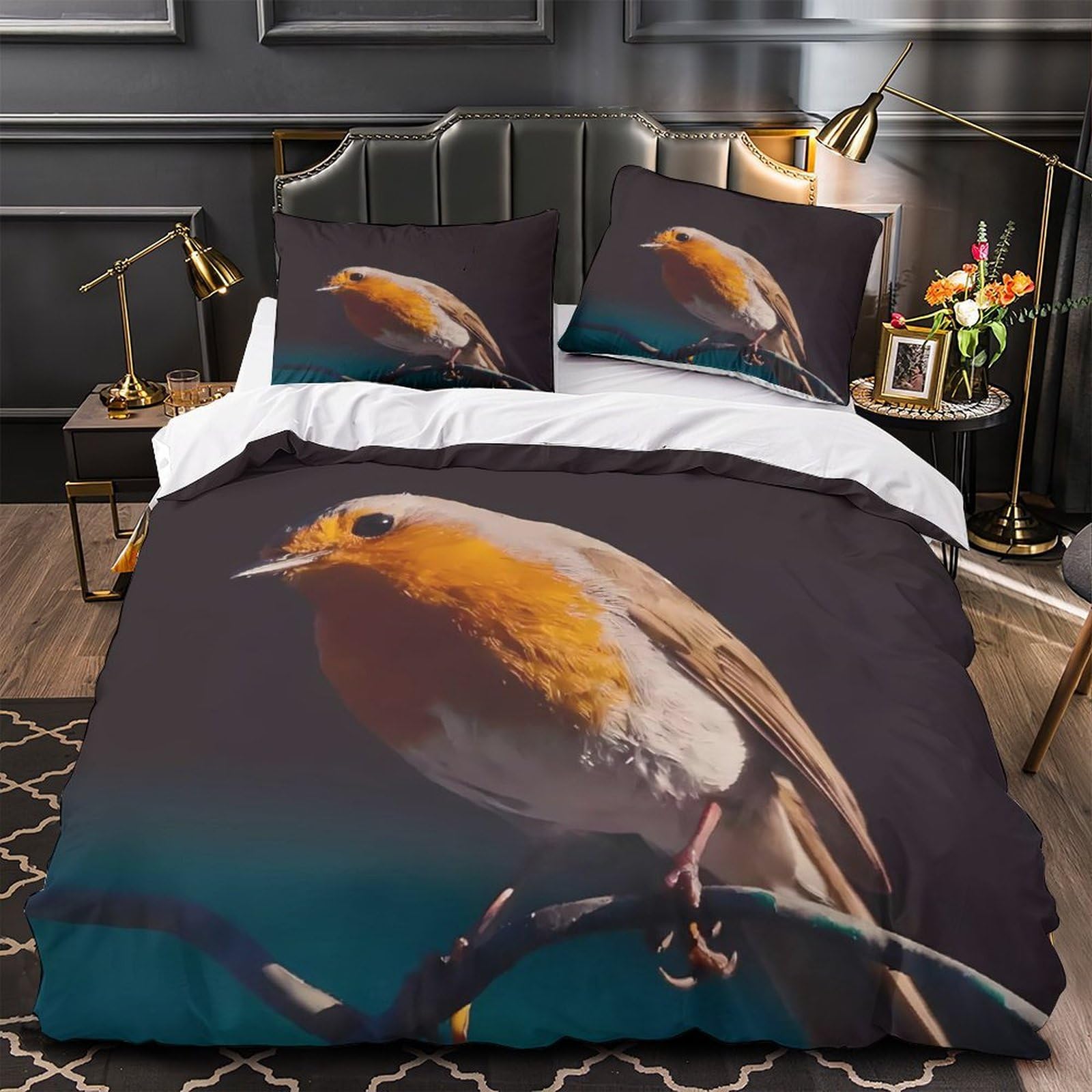 Housse de couette oiseau 135x200 parure de lit microfibre finition fermeture éclair