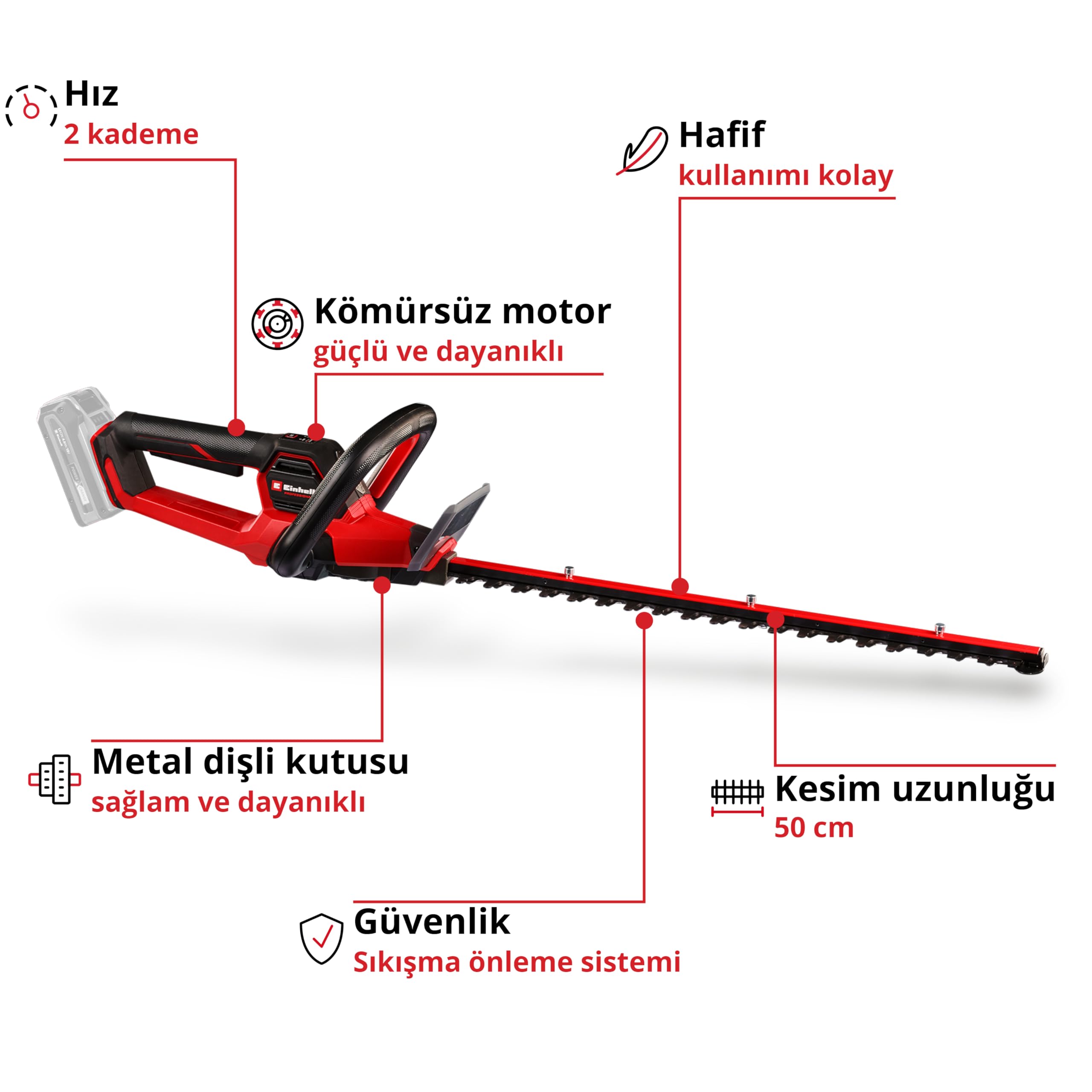 Einhell Profesjonalne akumulatorowe nożyce do żywopłotu GP-CH 18/50 Li BL-Solo Power X-Change (18 V, silnik bezwęglowy, długość cięcia 61 cm, system przeciwblokujący, z pochwą, bez akumulatora)