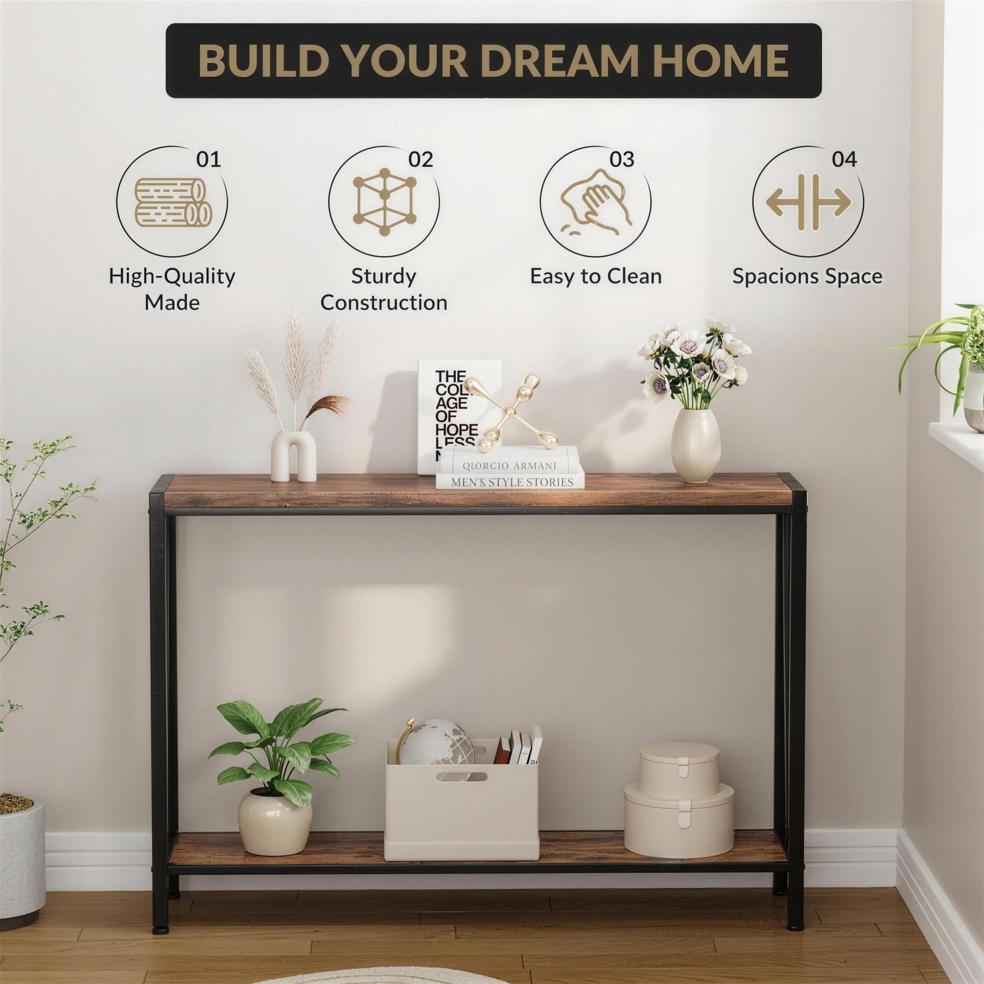 Zstar Consola Estrecha De Dos Niveles, Elegante Mesa Auxiliar para Entrada, Pasillo y Sala De Estar, Mueble Premium Que Ahorra Espacio, Retro,110×25×76 cm