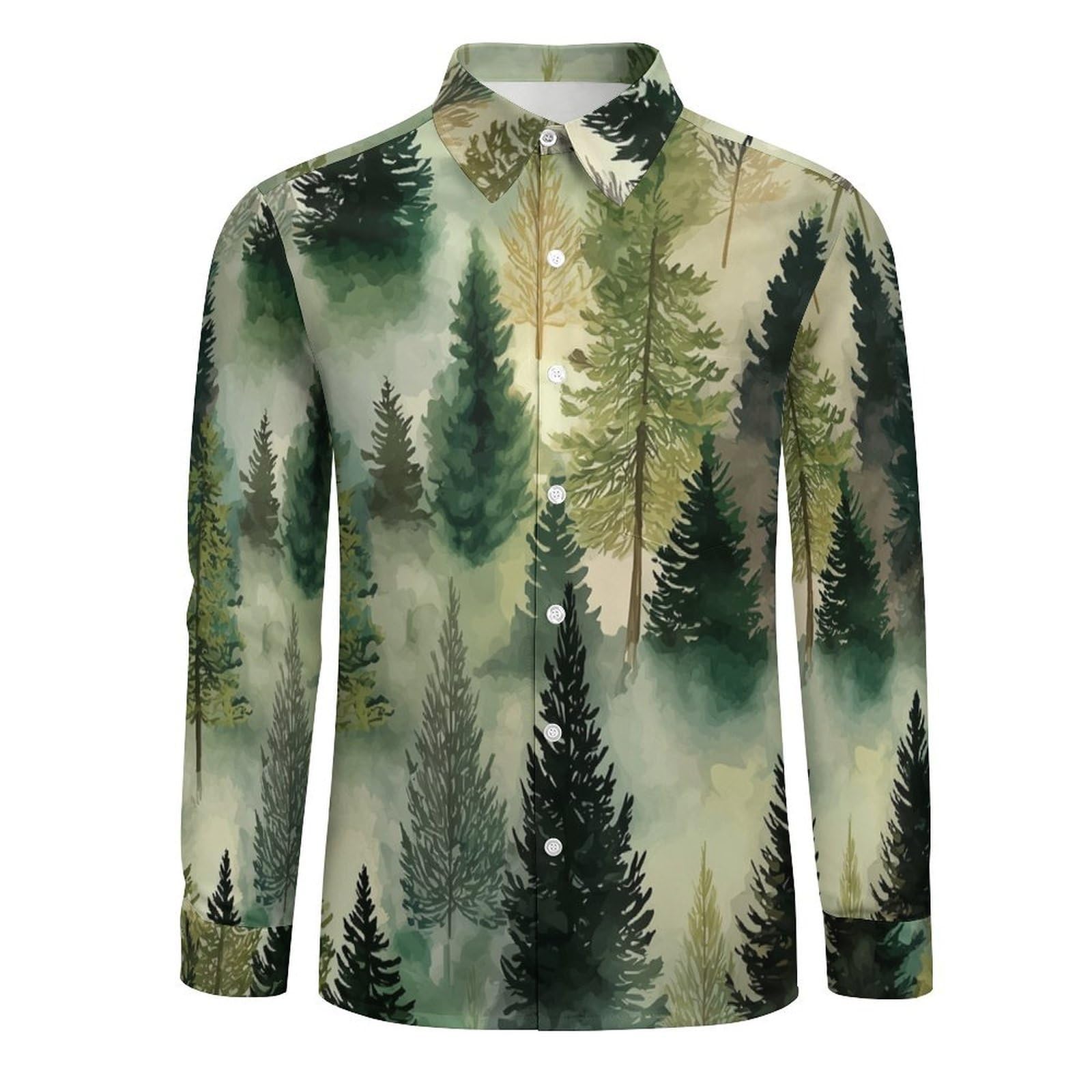 Camisa de Lino Verde para Hombre - Camisas de Manga Larga Casual Verano Camisa Bosque De Pinos En Acuarela con Botones Camisas Ajuste Regular Ropa de Playa Vacaciones Trabajo