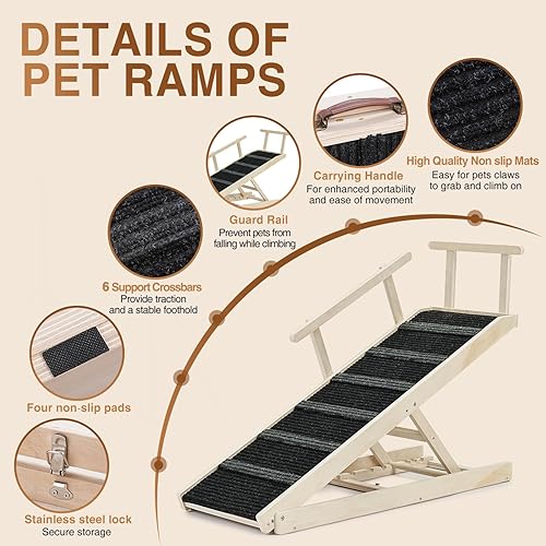 Miniatura 10 de Rampa para perros para cama, rampa plegable para perros pequeños a grandes para sofá, 6 alturas ajustables de 12 a 24 pulgadas, escaleras con