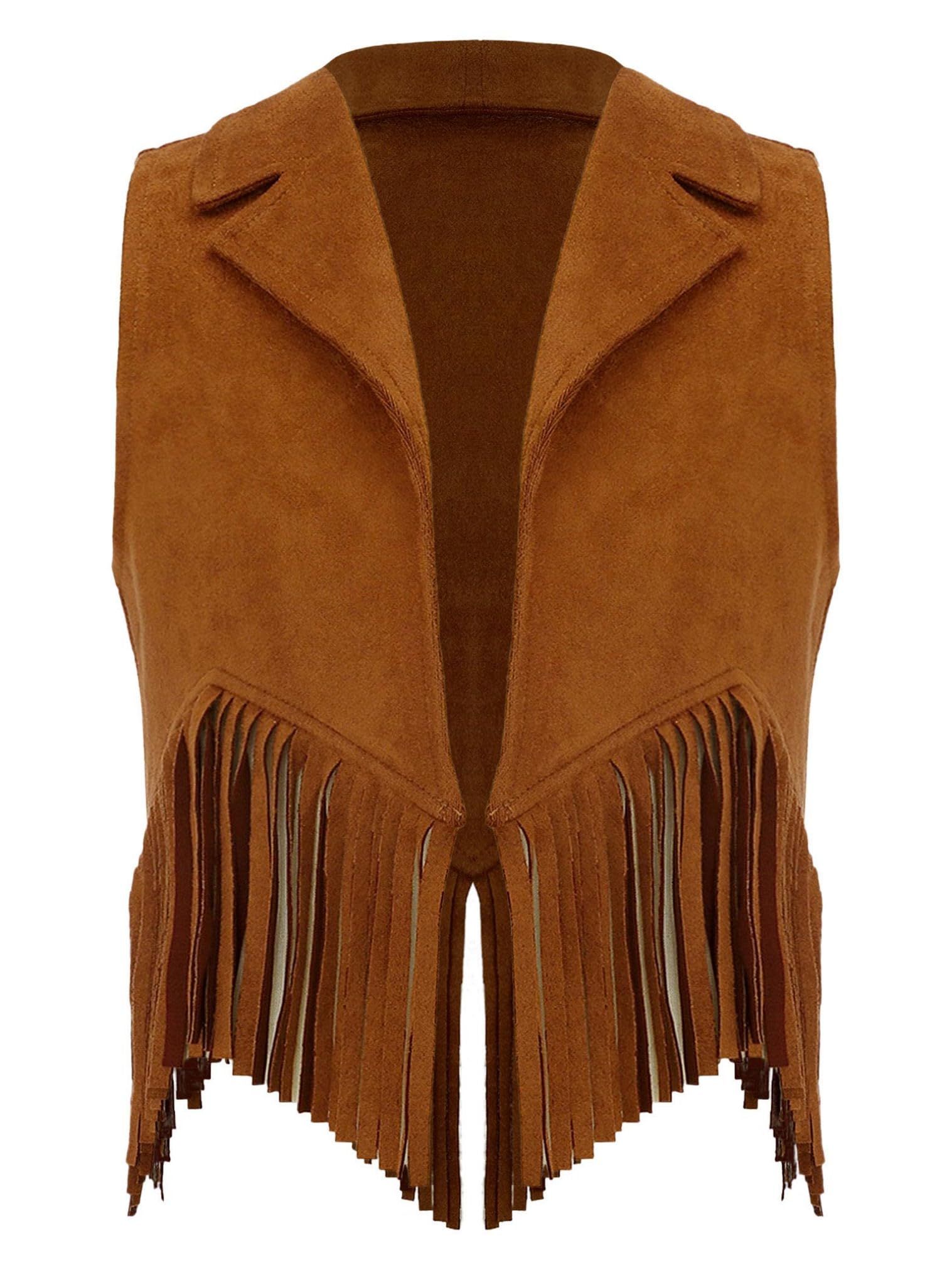 renvena Suede Cowgirl Vest for Kids Girls Halloween Lapel Sleeveless Open Front Fringe Suit Vest