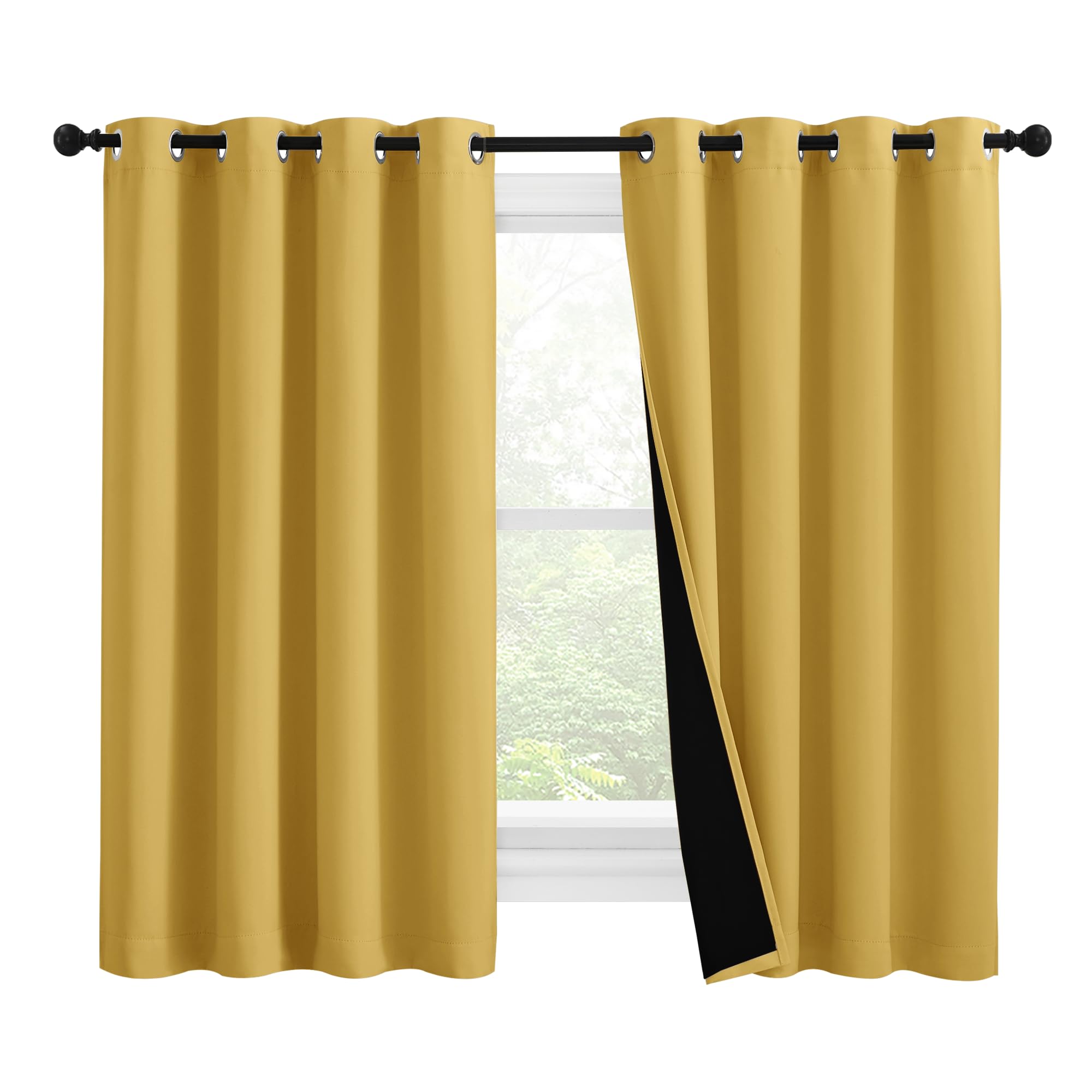 NICETOWN 100% Blackout Curtains with Black Liners, Thermal Insulated Full Blackout 2-Layer Lined Drapes, Noise Cancellation Window Draperies for Dining Room (Bright Yellow, 2 Panels, 55" W by 57" L)