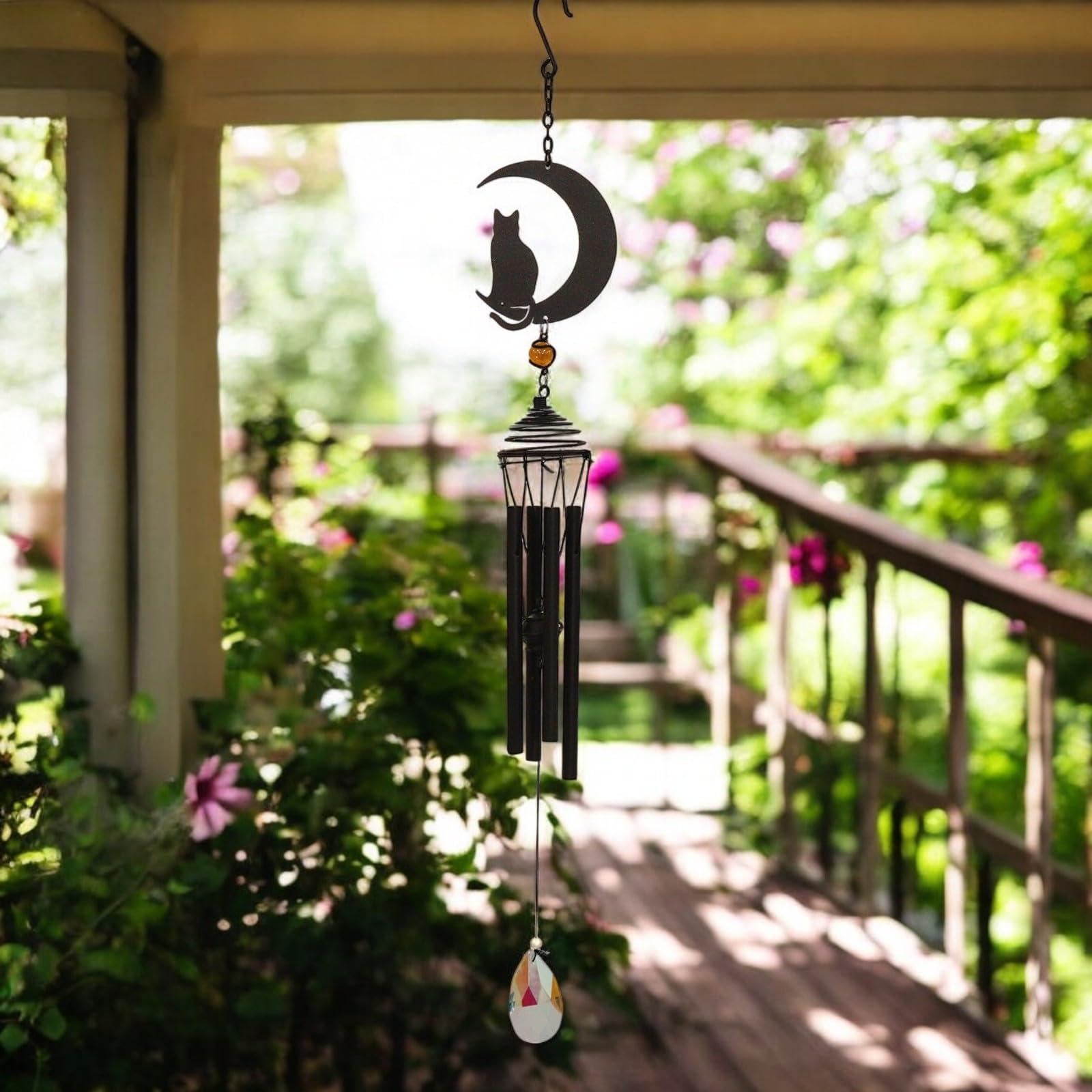 Epsom Door Handle Black Silhouette Fairy Wind Chime – Metal Hanging Chime For Garden, Patio & Outdoor Décor (Cat & Moon)