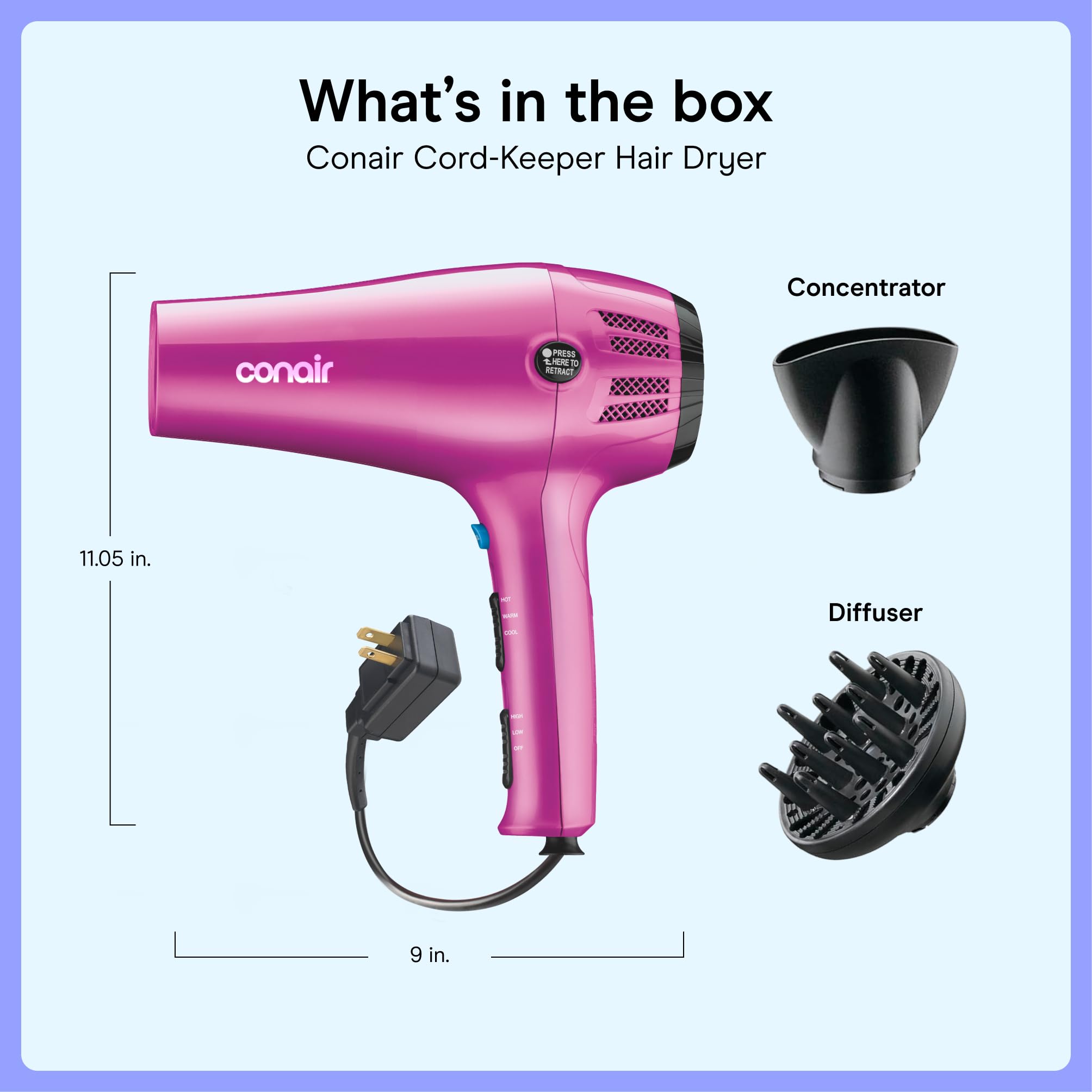 Conair Hair Dryer with Diffuser and Concentrator, 1875W, Pink view 3