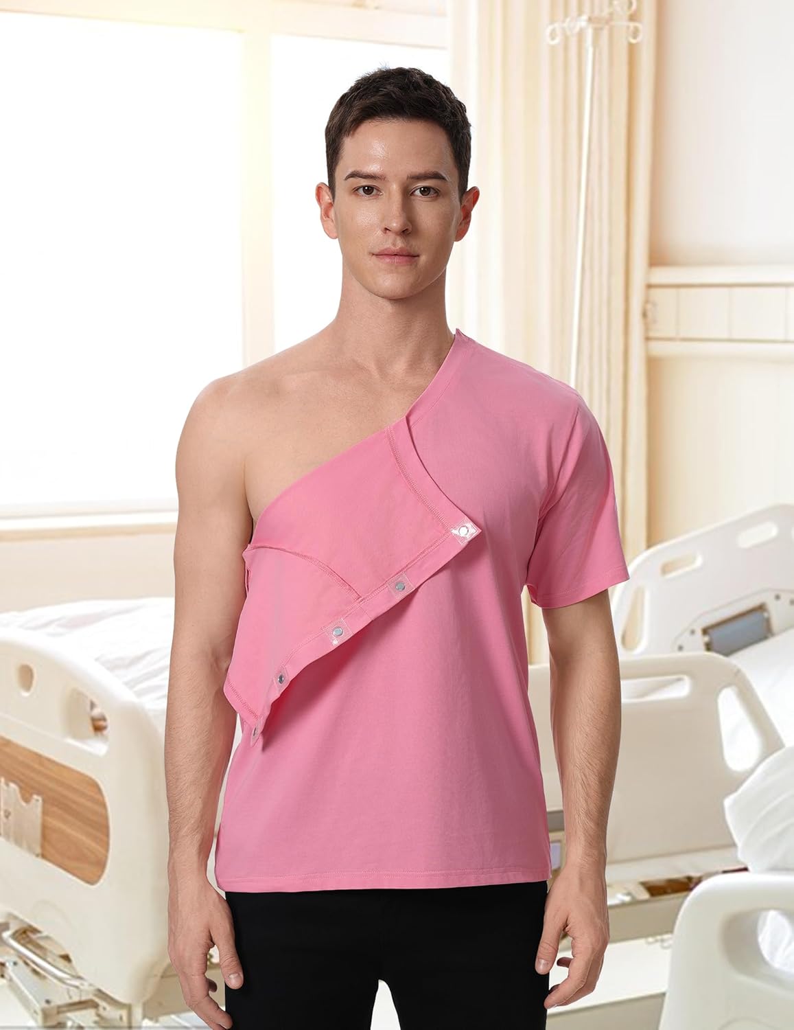 Magnetic Buttons Post Shoulder Surgery Recovery Shirt for Men V-Neck Tear Away Adaptive Chemo Port Clothing for Women - Image 2