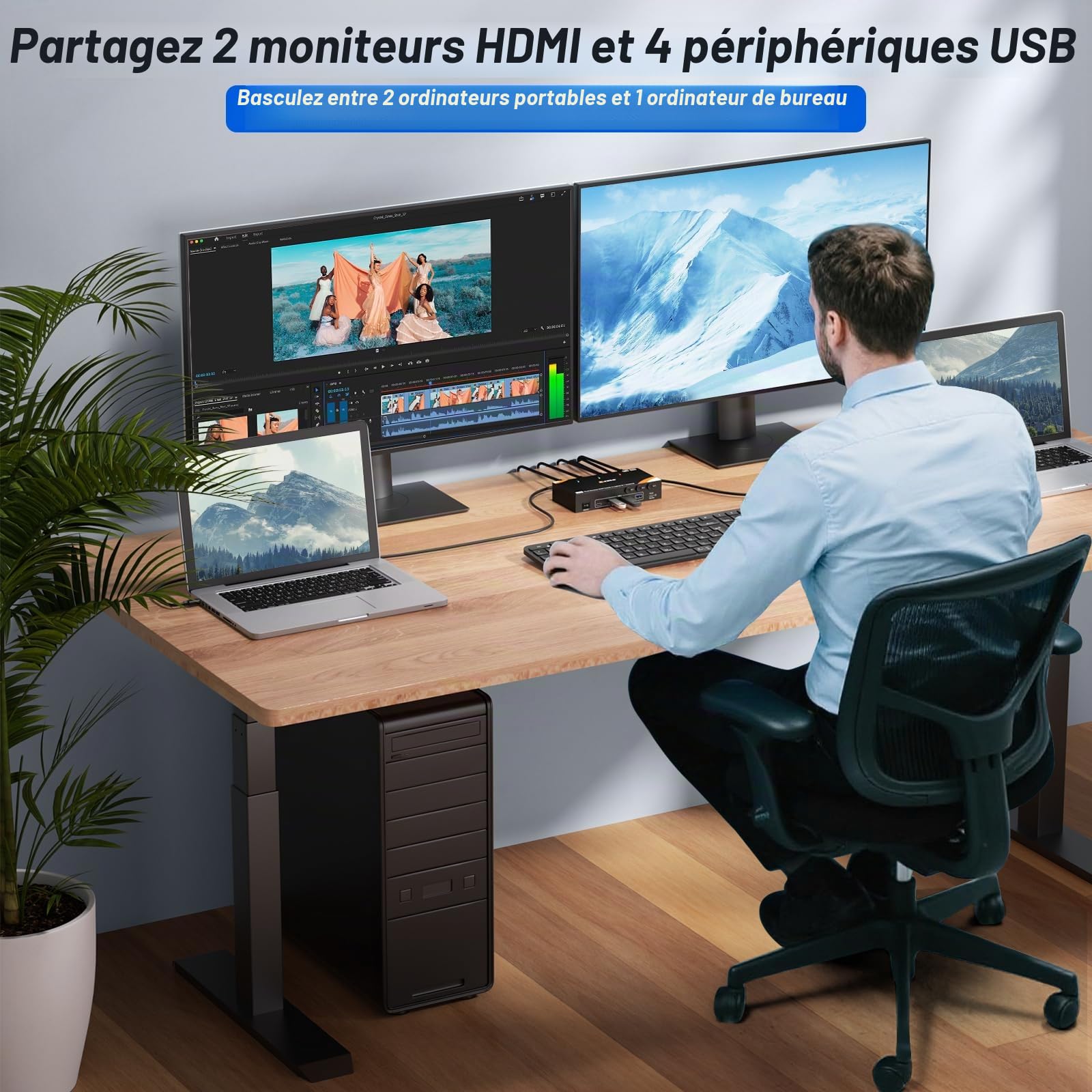 KVM Switch 3 PC 2 Monitor USB-C HDMI, USB 3.0 Dual Monitor Switch KVM pour 2 Laptops 1 Desktop Partagés Clavier Souris, 100W PD, 4K@60 Hz, Wired Remote(4K USB C HDMI 3 in 2 out KVM)