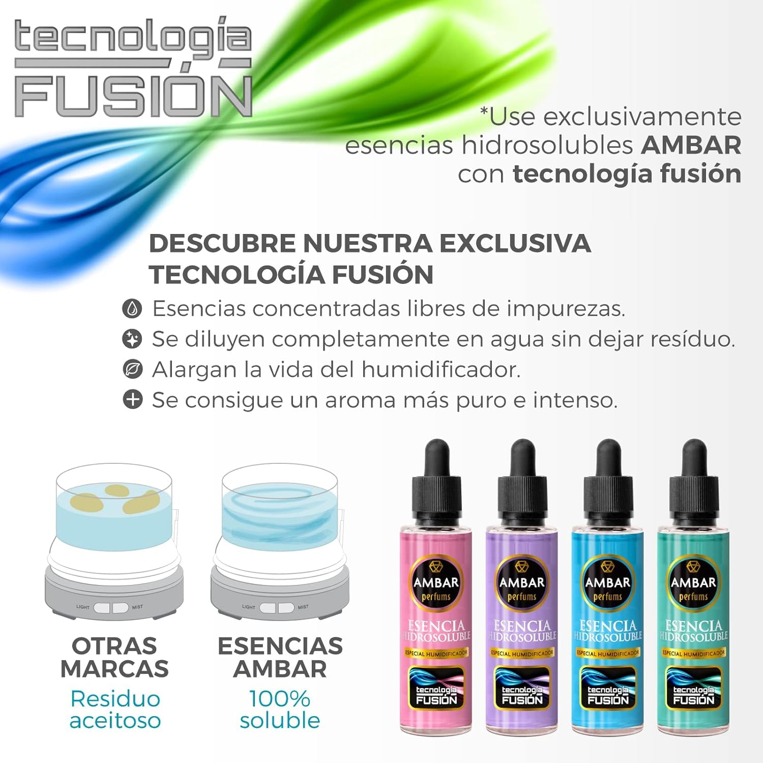 Umidificatore di essenza e diffusore di aromi con luce LED ambrata Profumi + essenza 50 ml. A Scelta - Aromaterapia - Ideale per casa, ufficio e camera da letto (Lavanda)