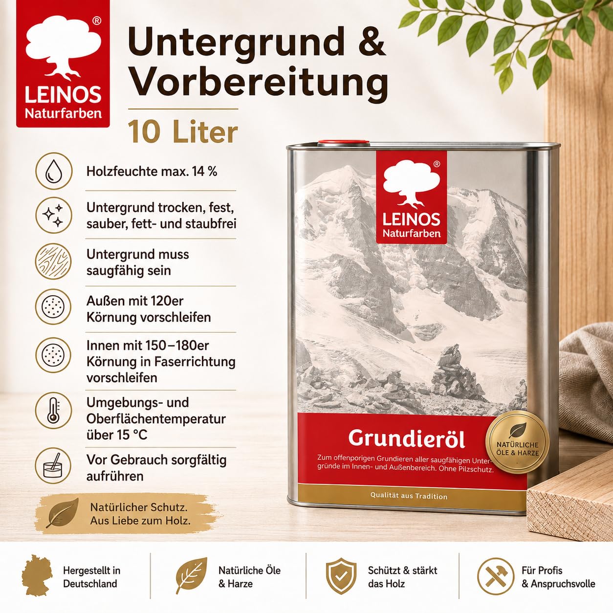 LEINOS 220 Grundieröl für Innen 10 l | farblose Holzgrundierung mit gutem Eindringvermögen | offenporiges Naturöl für saugfähige Holzoberflächen | optimale Basis für Lasuren, Öle & Wachse