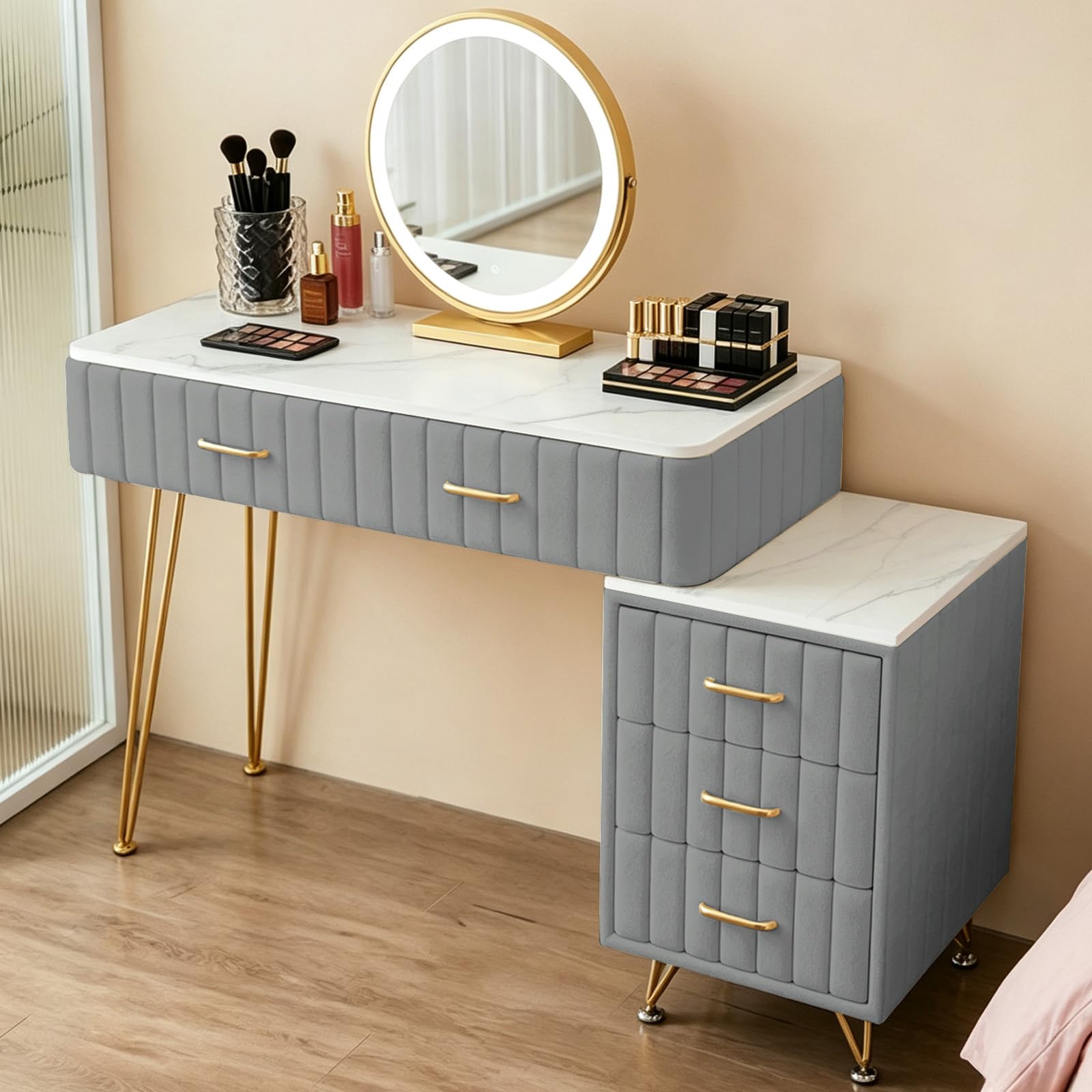 Grau Schminktisch mit Spiegel, Luxuriöse Frisiertisch mit Vergoldete Griffe und Samt, 5 Schubladenb und Schrank, Moderner Kosmetiktisch für Mädchen Schlafzimmer, Einfach zu Montieren, 100cm