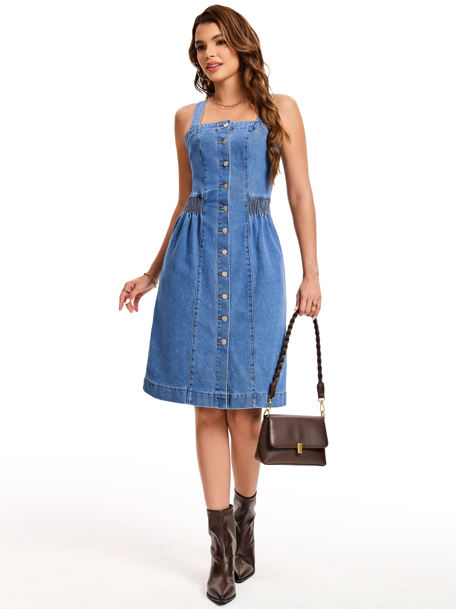Robe Midi en Jean Femme sans Manches Boutonnage sur Le Devant