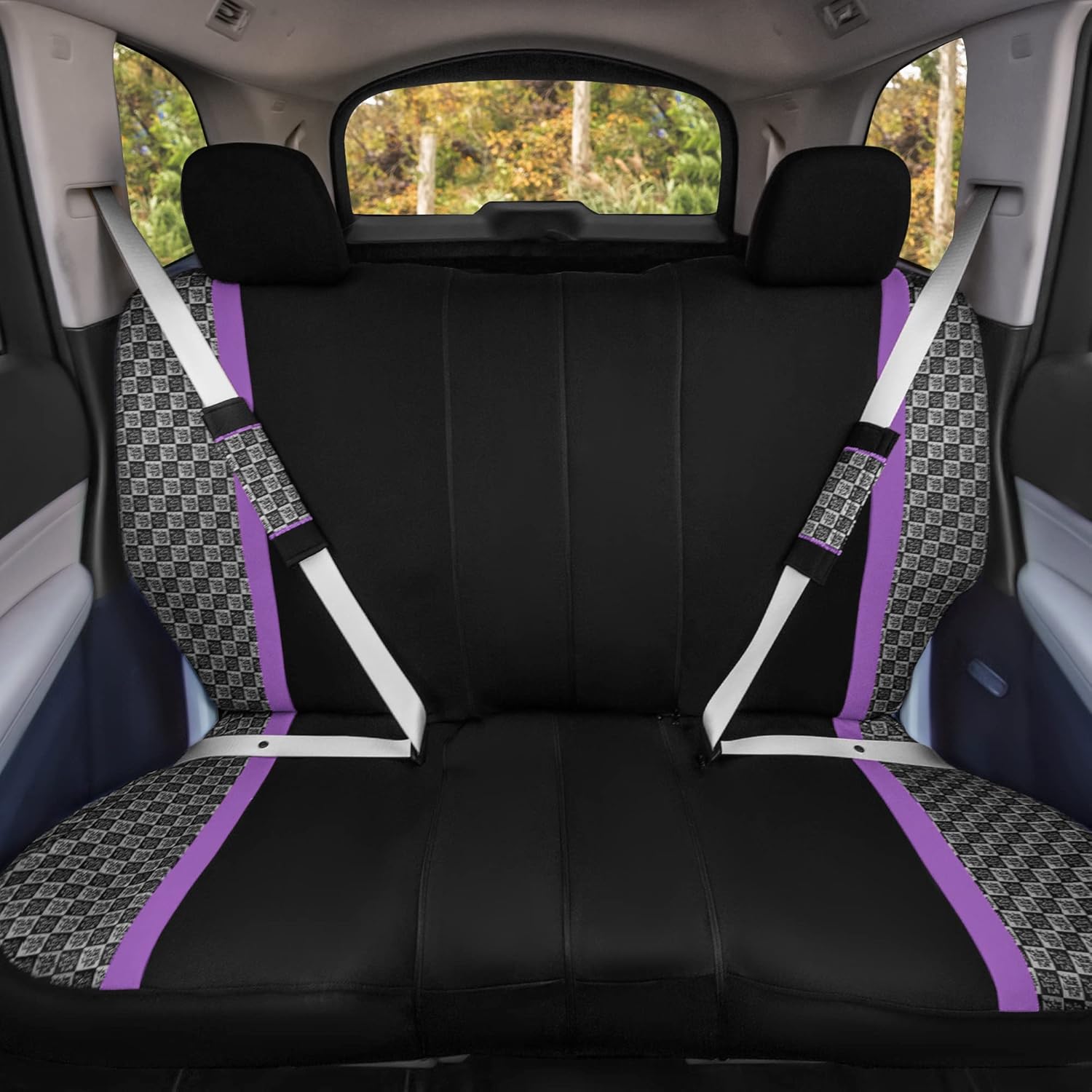 We Are Young Life is Fun™ Checker Car Seat Covers Universal Fit Interior Accessories Full Set Purple Seat Cover Combo Steering Wheel Cover and Seat Belt Pads, Airbag and Split Rear Car Seat Covers