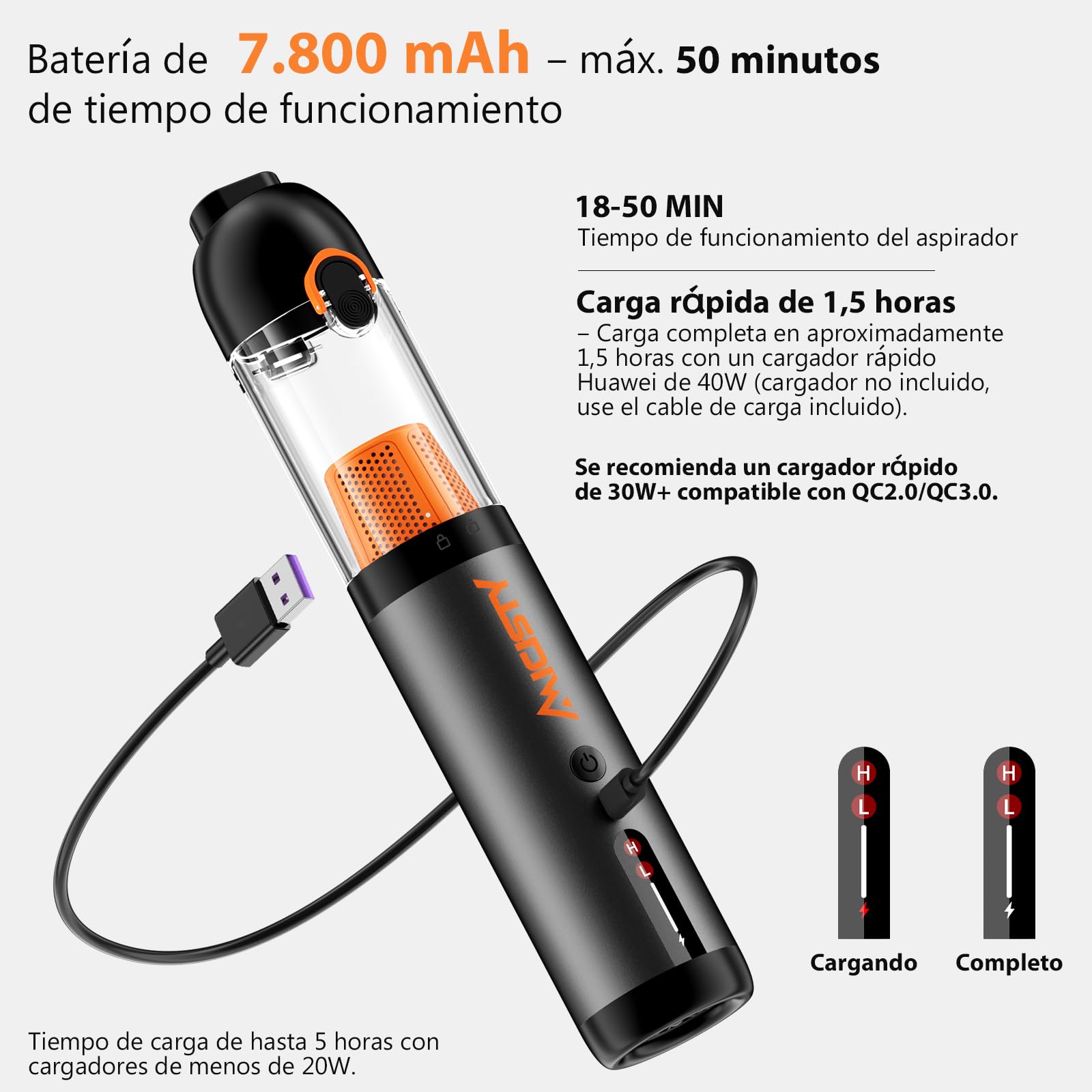 Aspirador de Coche Inalámbrico Potente 30.000 Pa, Aspirador de Mano 4 en 1 – Mini Aspirador/Soplador/Compresor de Aire/Bomba de Vacío, Motor Sin Escobas, 7800 mAh Carga Rápida