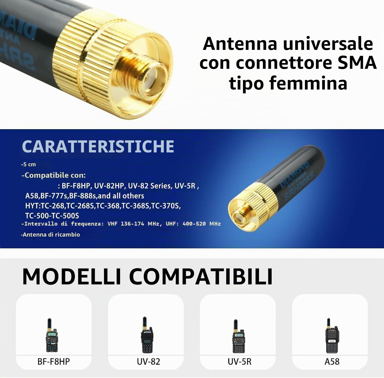 TECHZOCO Antenna a doppia banda, mini antenna walkie-talkie, SRH805S, guadagno: 2,15 dbi, connettore SMA-F, impedenza: 50 Ohm, lunghezza 5 cm, compatibile con BAOFENG UV-5R, UV-21 Pro, Quansheng