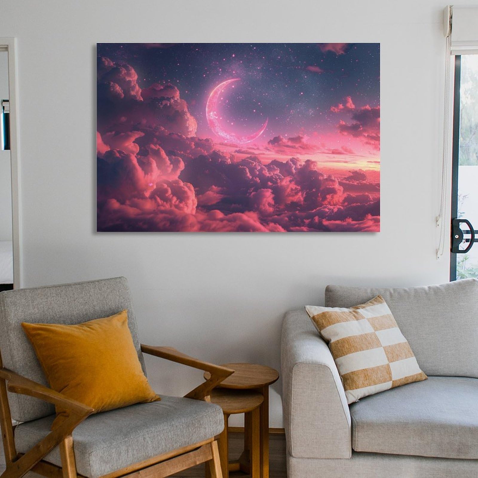 Amazon.co.jp: 絵画 ピンクの三日月と彼の空インテリア 絵画 魅力的な