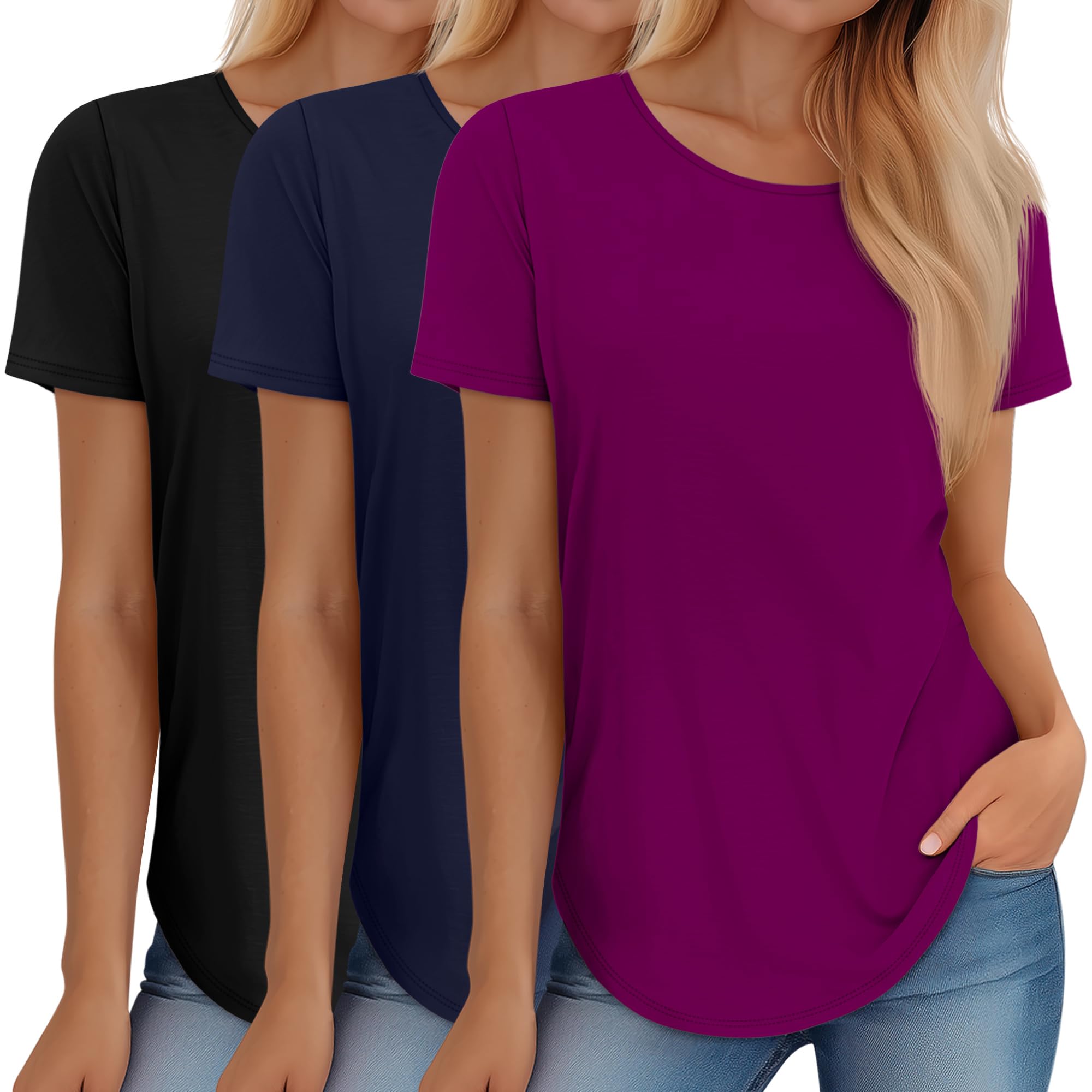Huukeay 3 Pack Women's Short Sleeve Shirts Loose Fit Summer Tunic Tops Knitted Round Neck Casual Basic T Shirt
