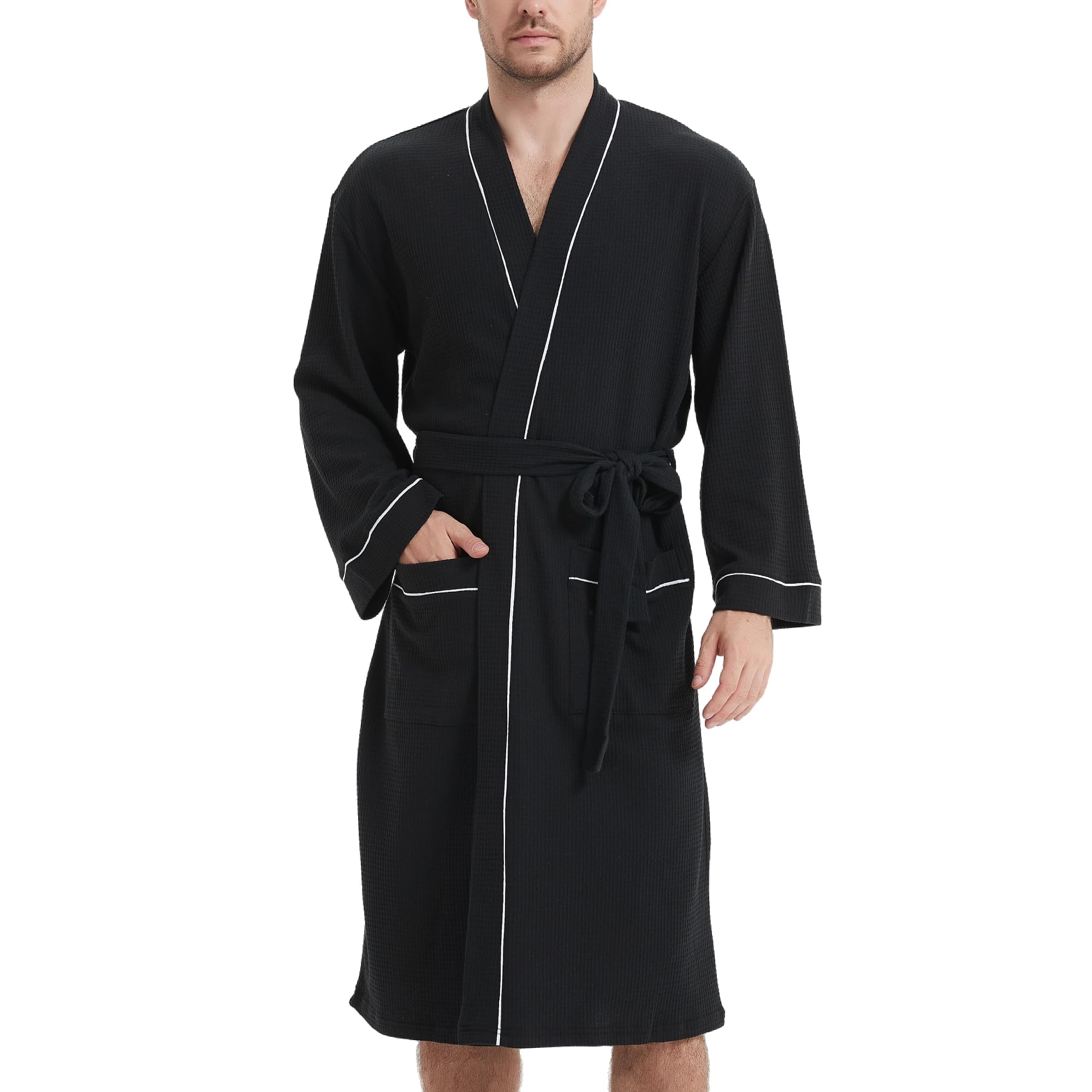 Mnemo Albornoz ligero para hombre Albornoz de algodón Kimono Waffle Bata Hombre